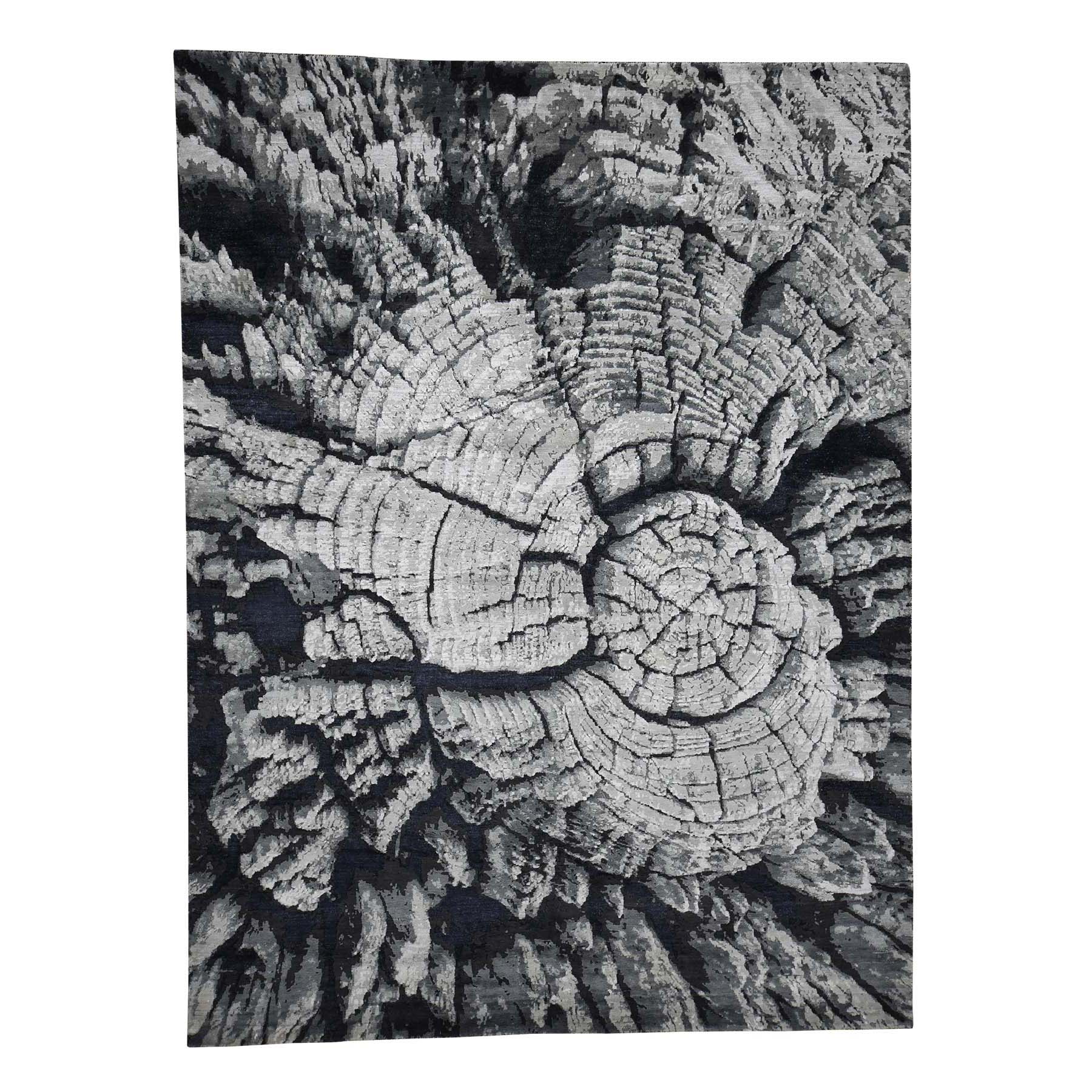9'x12' Tree Bark Wool And Silk Abstract Design With Black and Grey Hand Woven Oriental Rug 