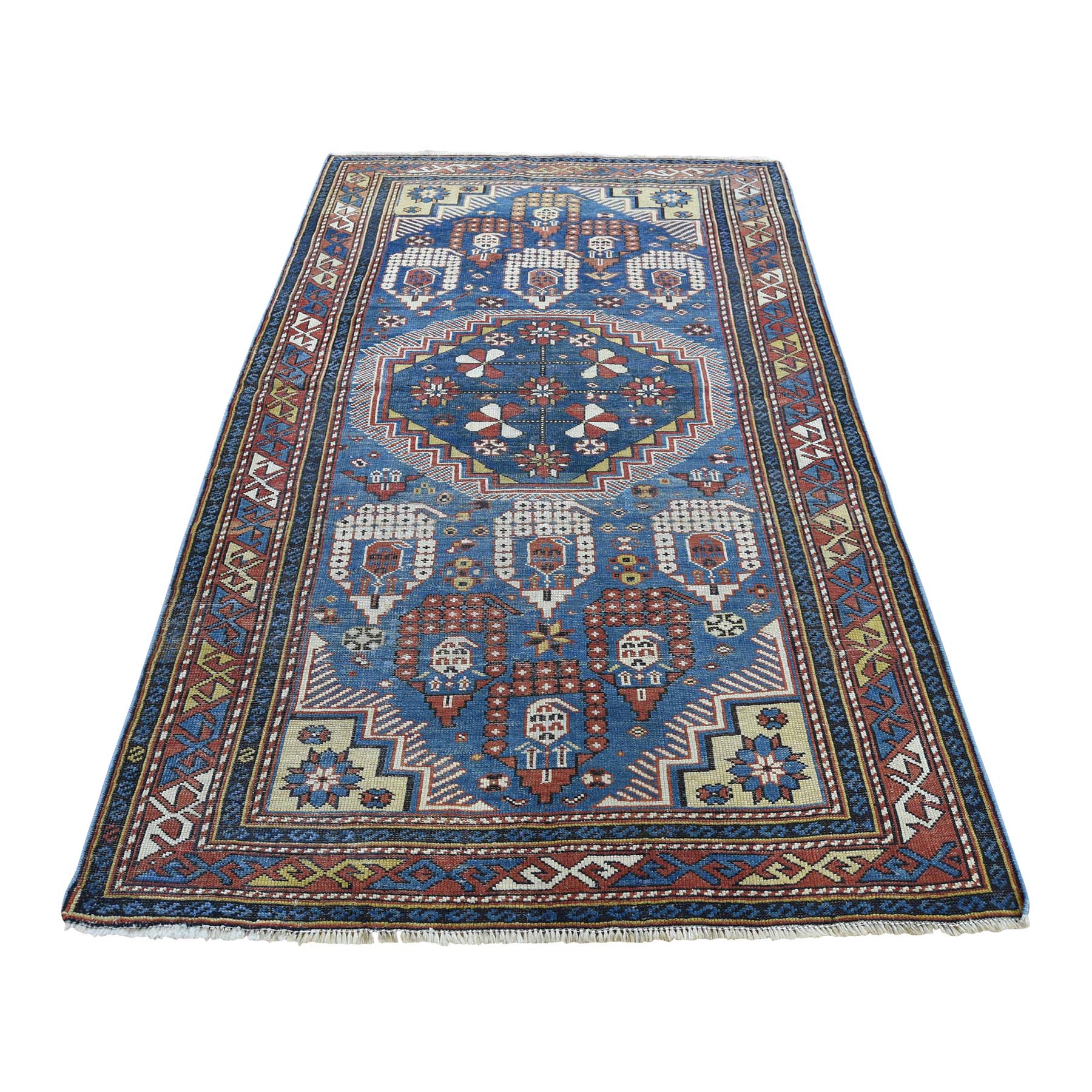 3'10"x6'3" Antique Caucasian Kazak Even Wear Hand Woven Oriental Rug 