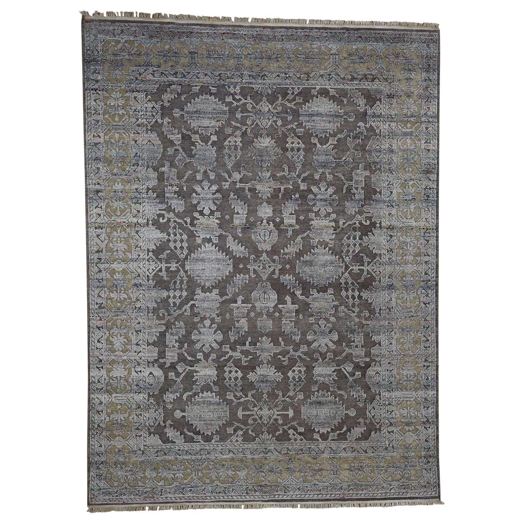 8'10"x12' Chocolate Brown Art Silk And Textured Wool Hand Woven Oriental Rug 