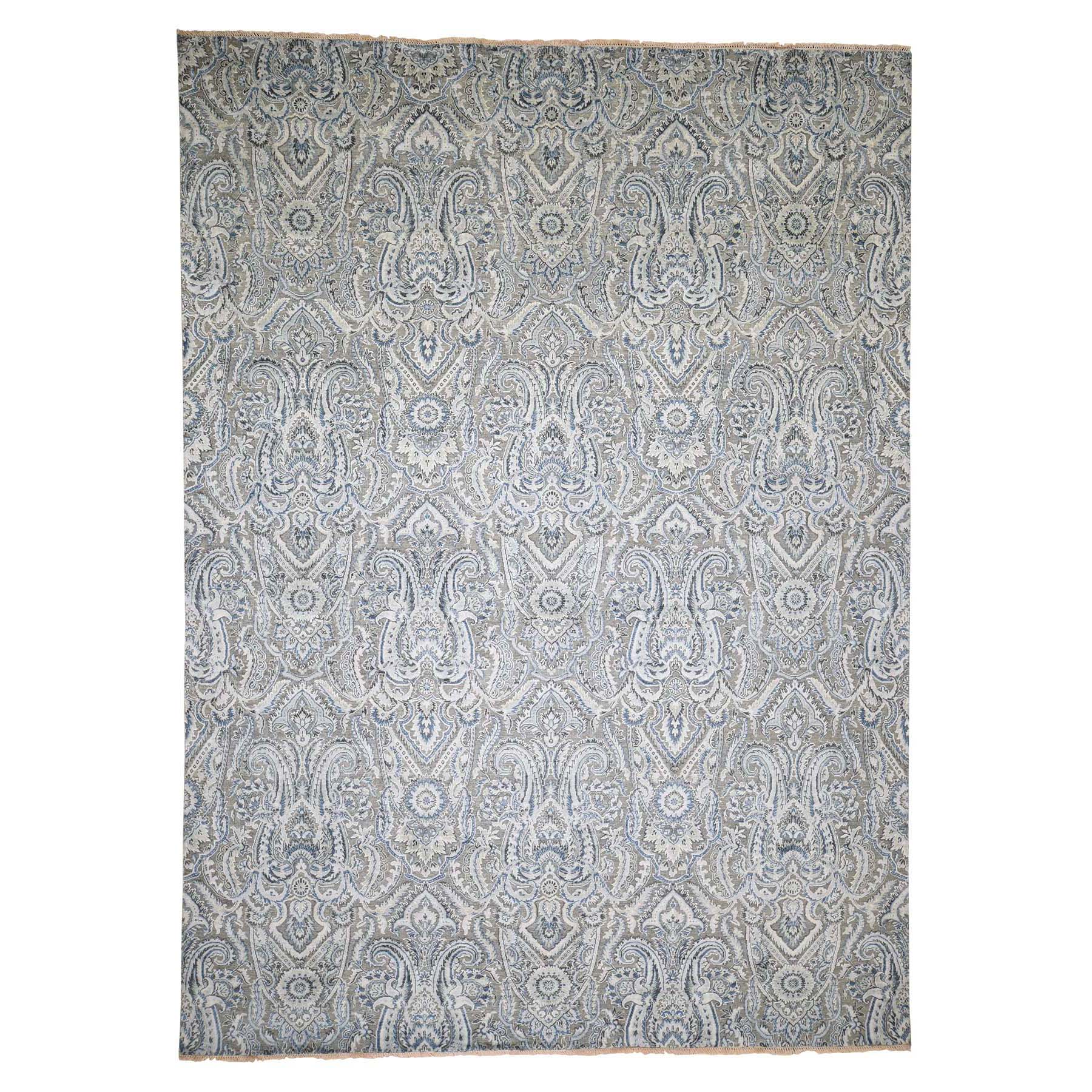9'x12'1" Pure Silk Textured Wool Paisley Flower Design Hand Woven Rug 