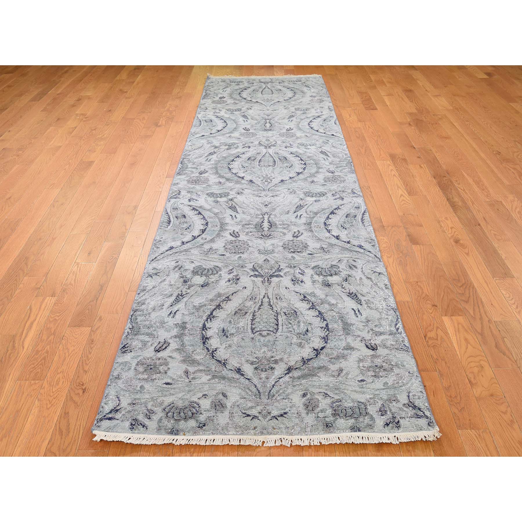 3'x11'10" Pure Silk With Textured Wool Lotus Flower Design Hand Woven Rug 