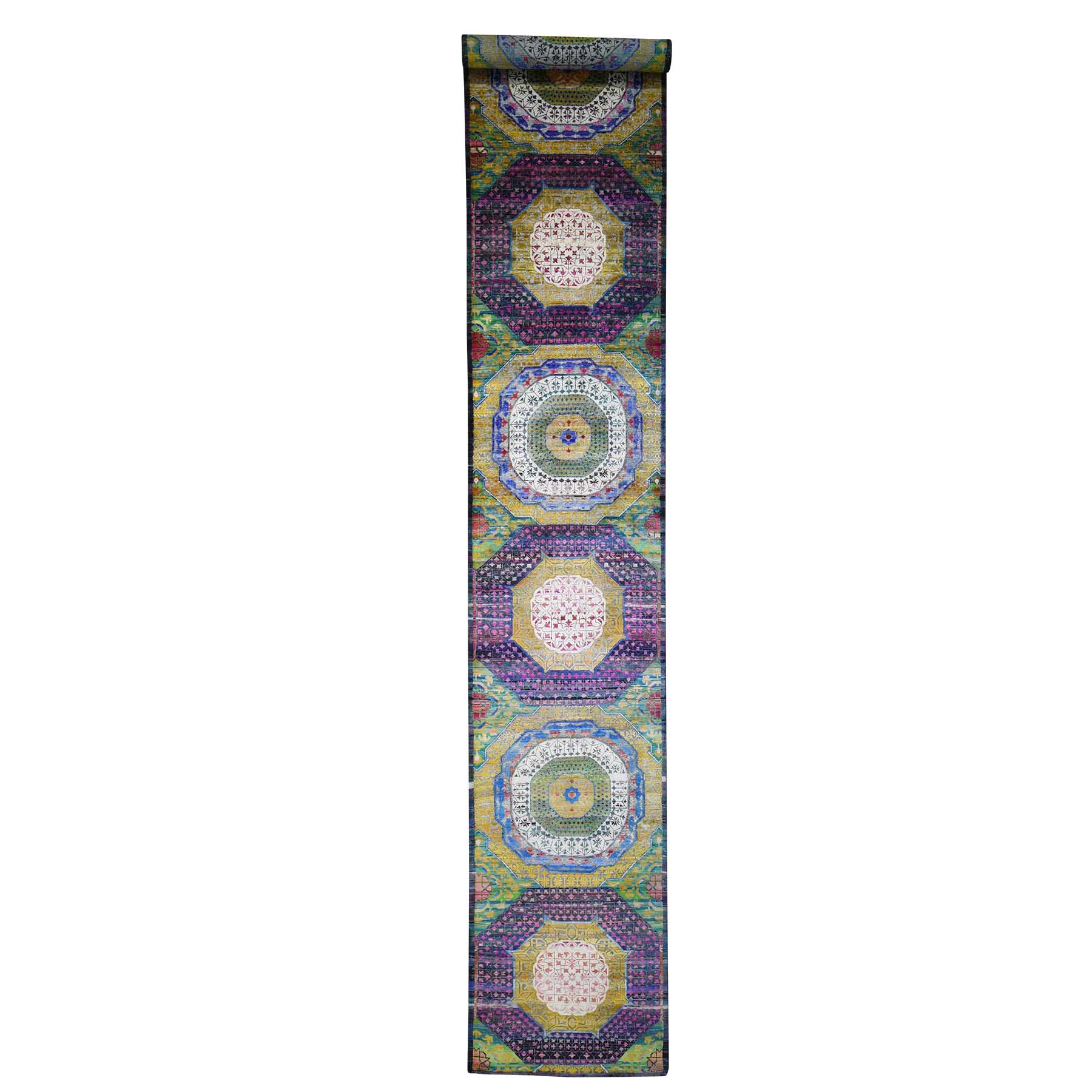 3'1"x19'3" Sari Silk And Textured Wool Mamluk Design XL Runner Hand Woven Oriental Rug 