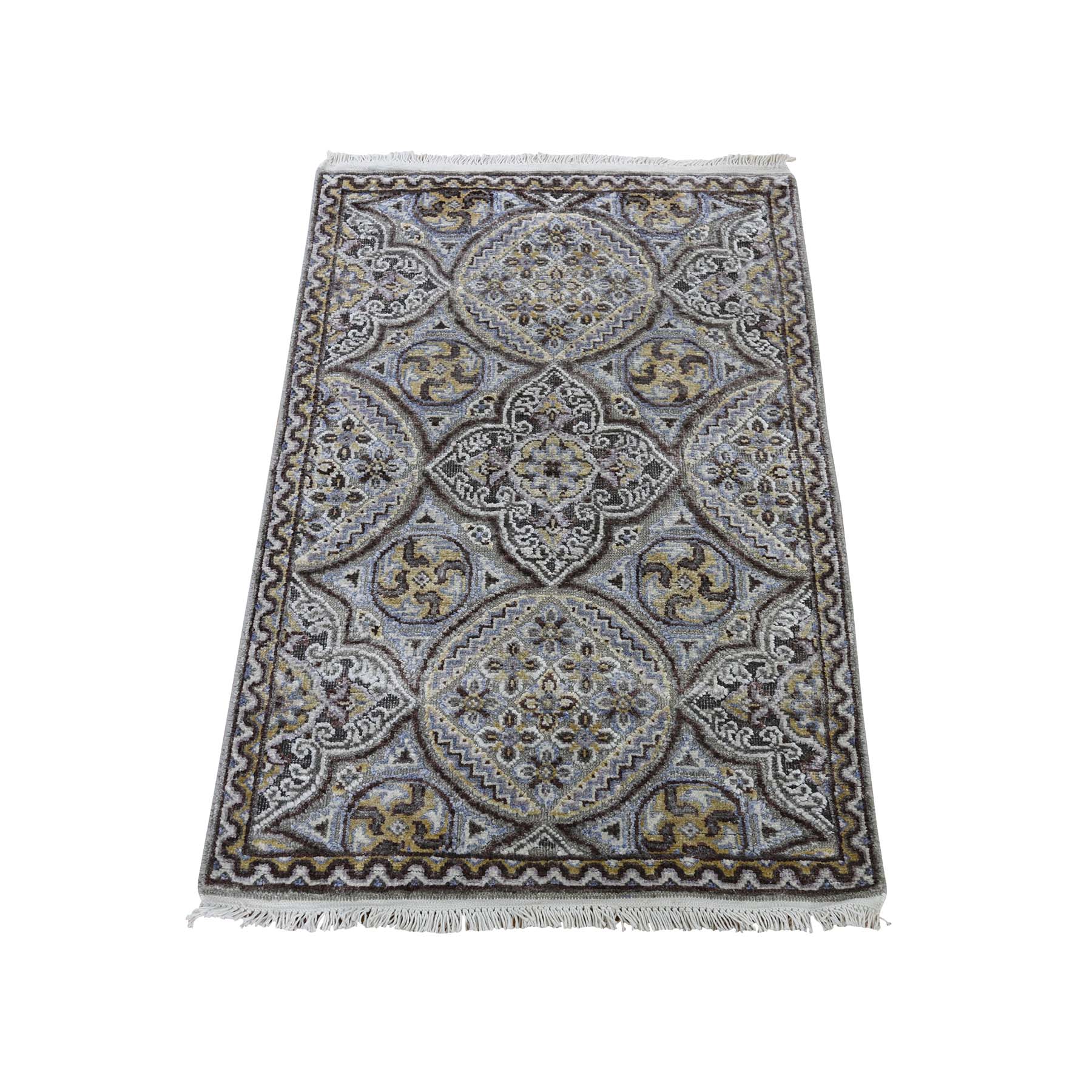 2'1"x3'2" Mughal Inspired Medallions Design Textured Wool and Silk Hand Woven Oriental Rug 