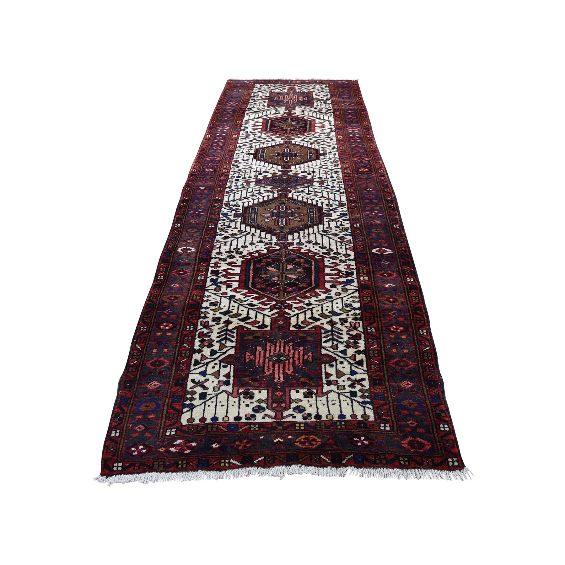 3'1"x10'10" Karajeh Ivory Full Pile Pure Wool Runner Semi Antique Persian Hand Woven Oriental Rug 