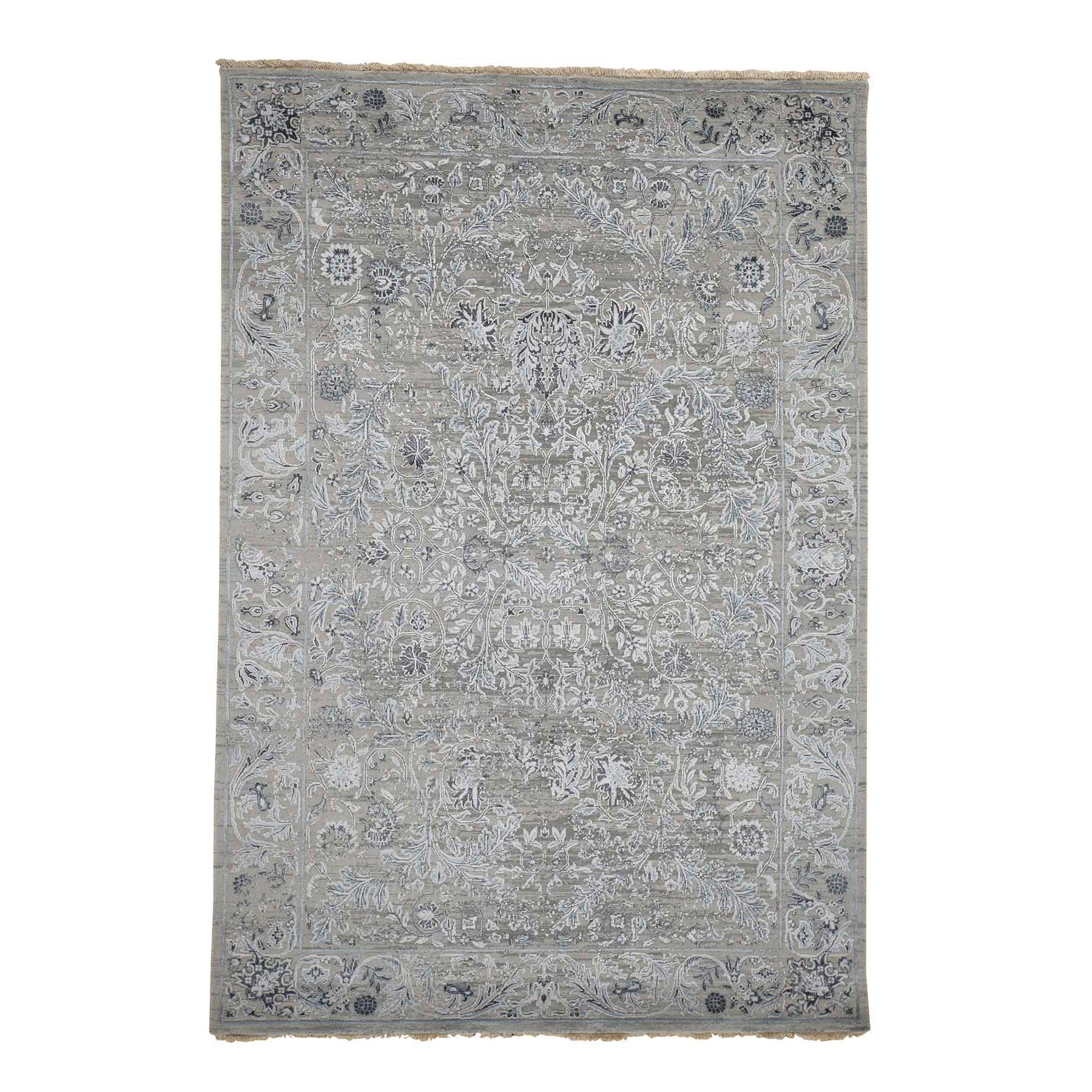 6'1"x9' Grey Transitional Kashan Design with Wool and Silk Hand Woven Rug 