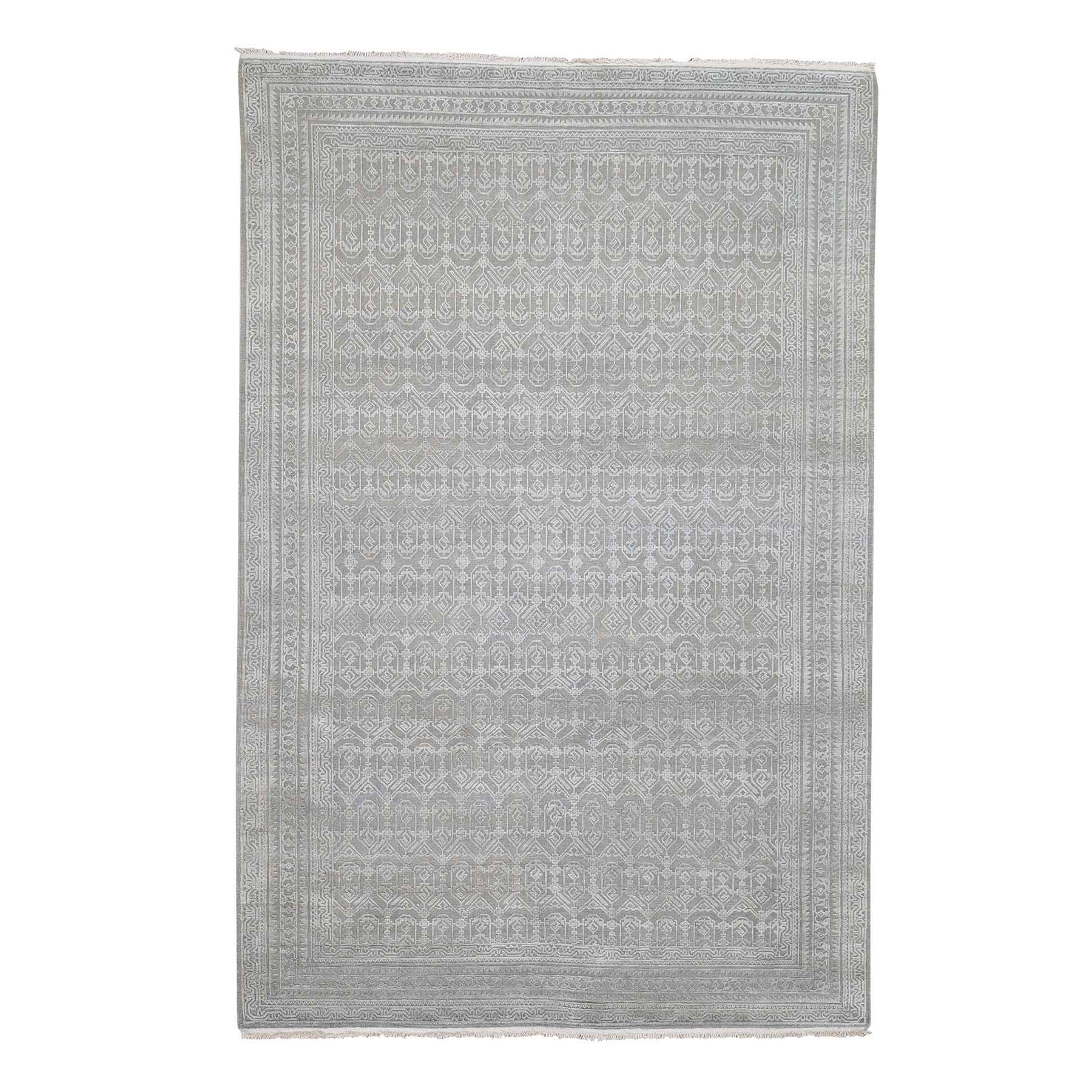 6'x9'1" Pure Silk Textured Wool Tone On Tone Hand Woven Oriental Rug 