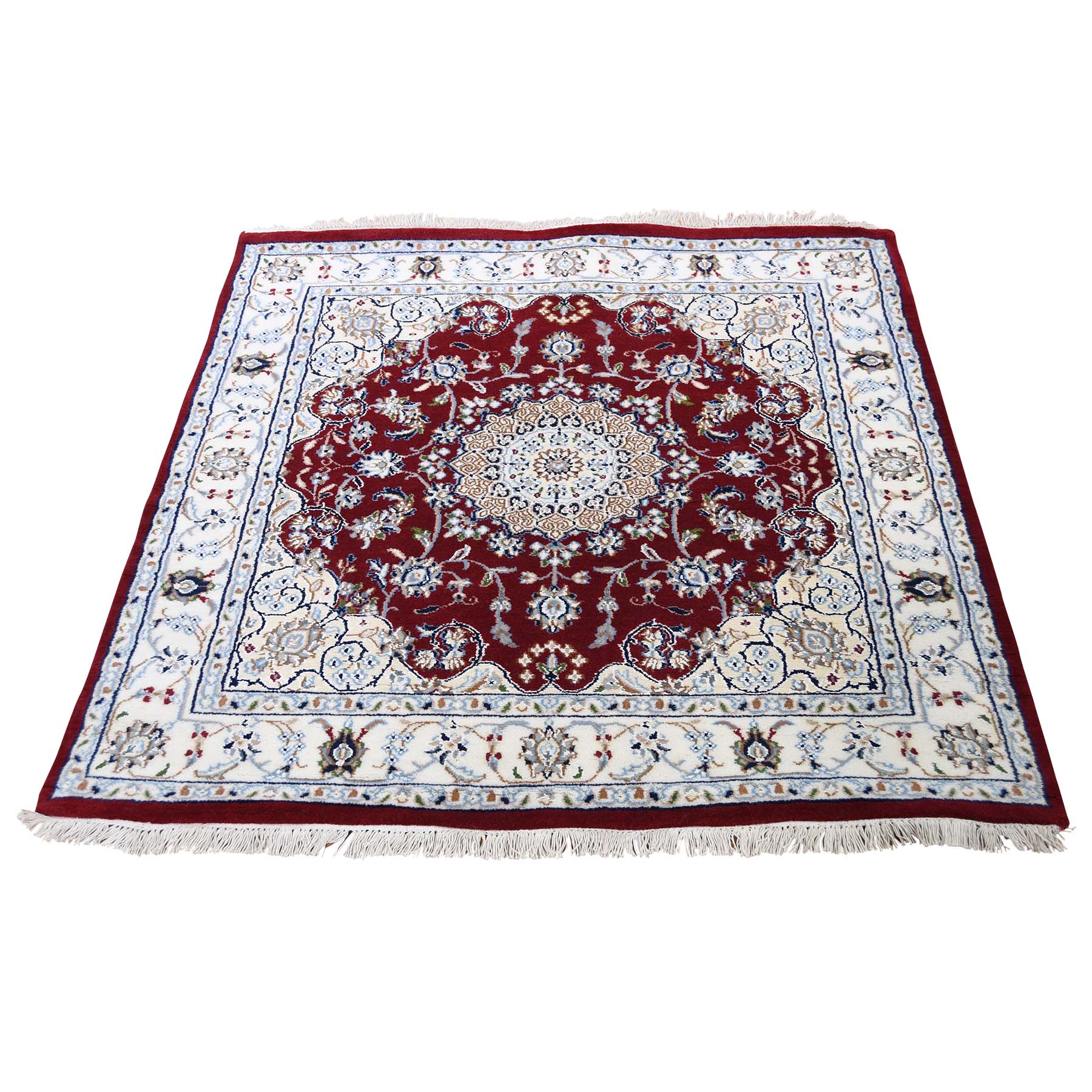 3'10"x3'10" Wool And Silk 250 Kpsi Red Square Nain Hand Woven Oriental Rug 