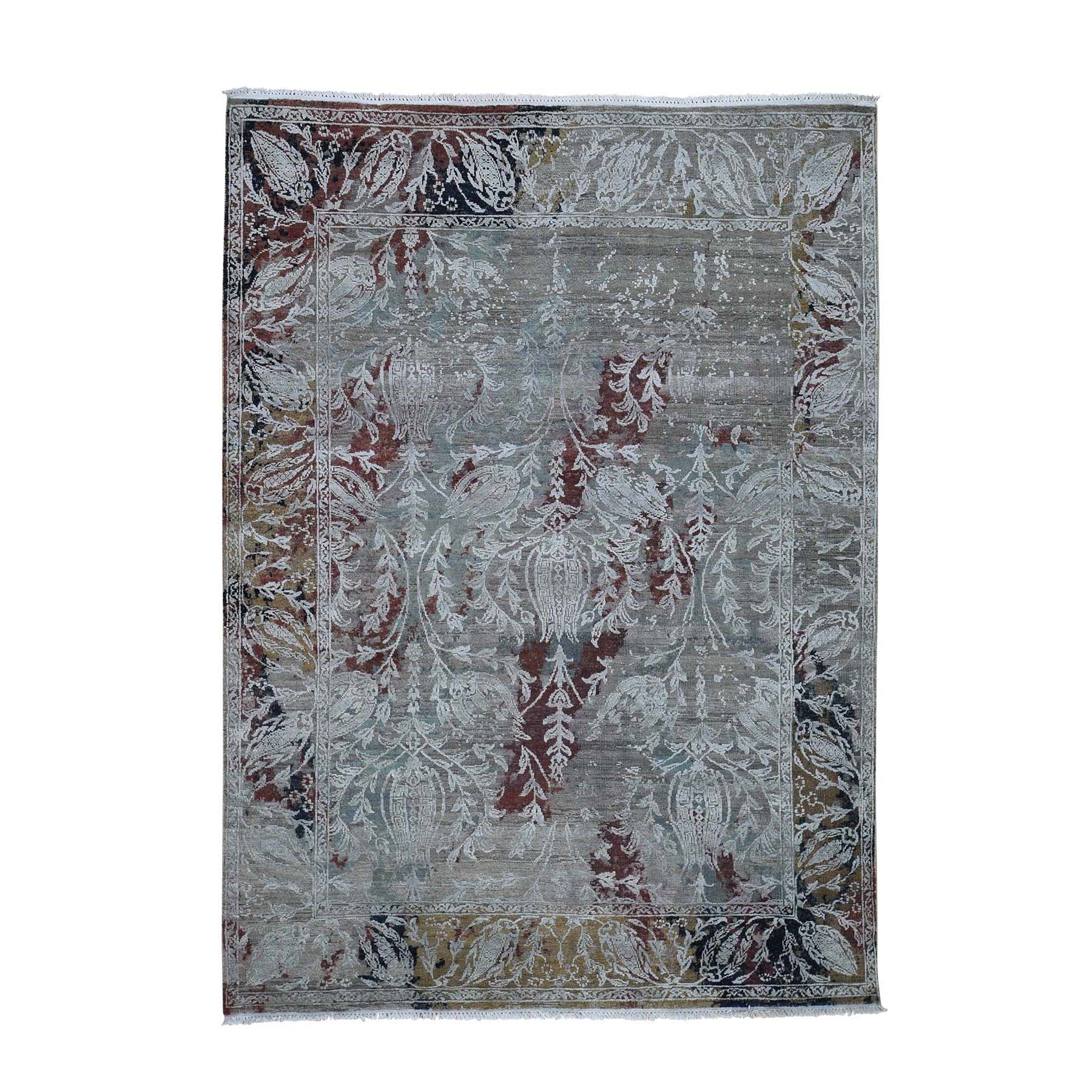 5'2"x7'1" Broken Tulip Design Silk With Textured Wool Hand Woven Oriental Rug 