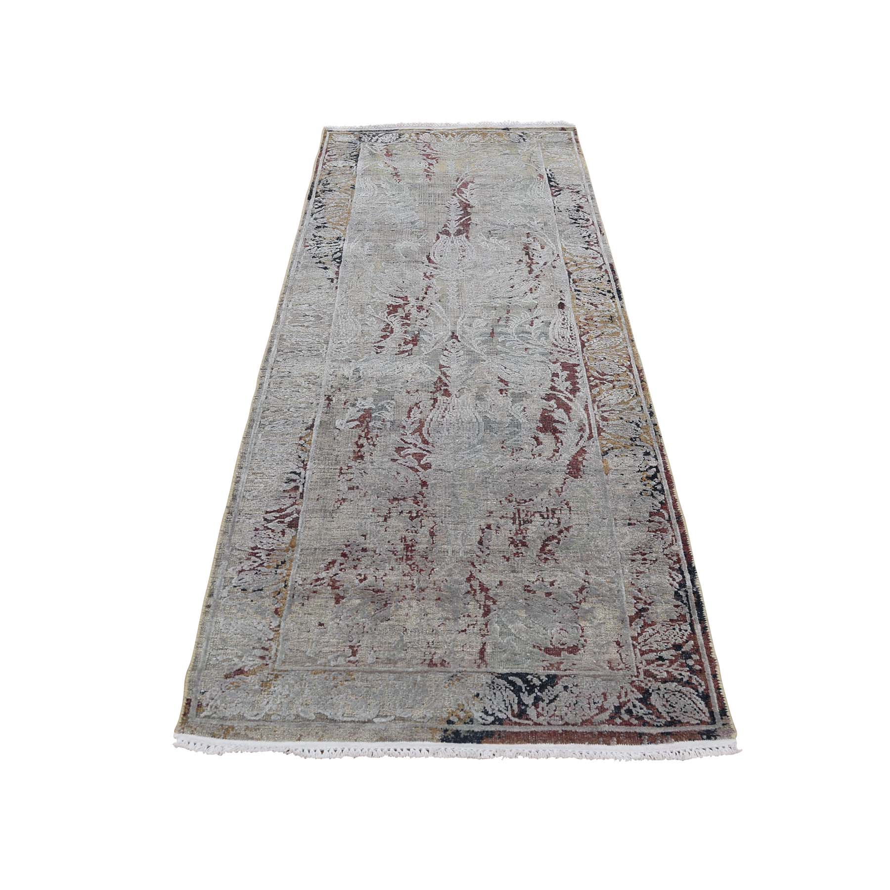 2'6"x9'10" Silk With Textured Wool Broken Tulip Design Runner Hand Woven Oriental Rug 