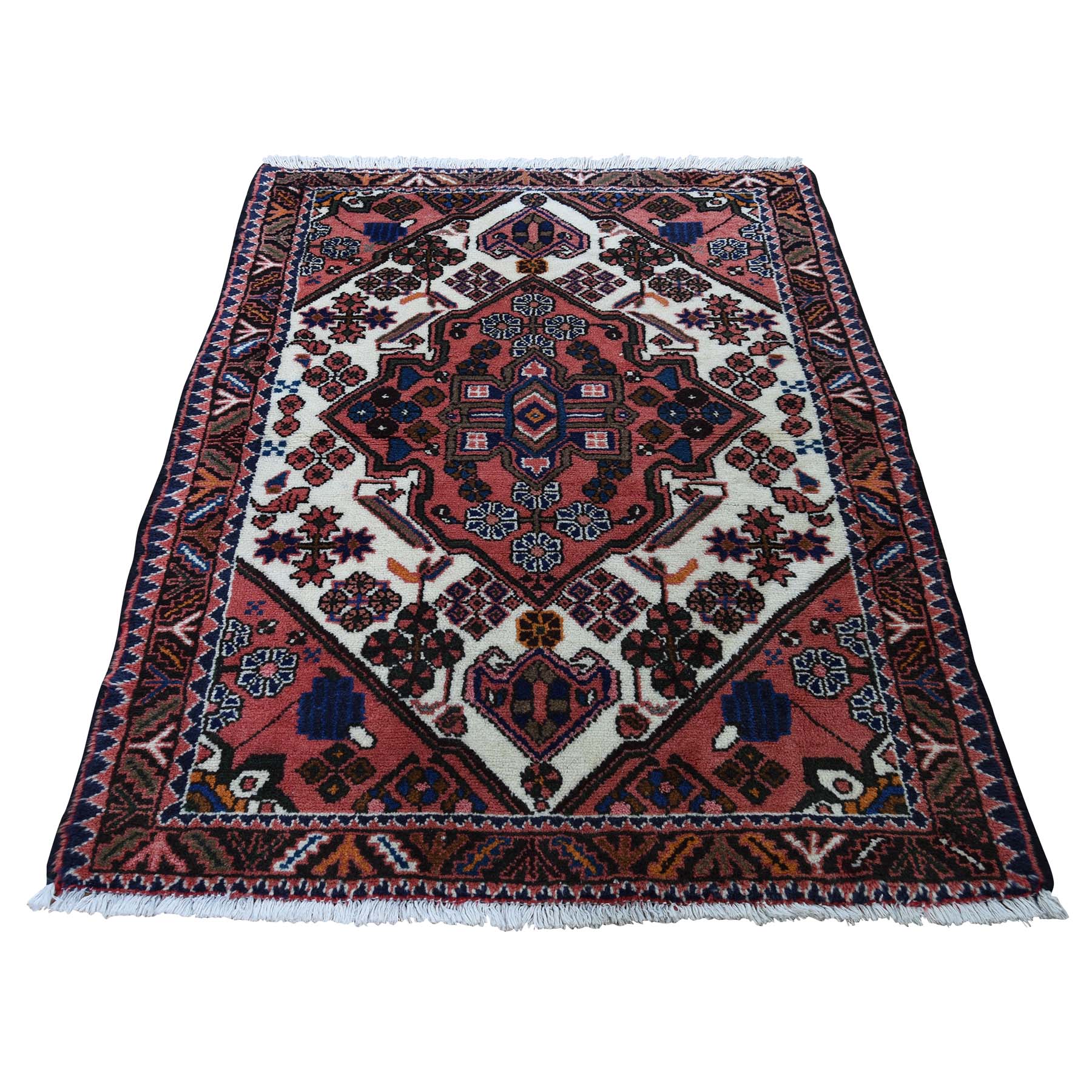 3'4"x4'9" Vintage Persian Hamadan Pure Wool Hand Woven Oriental Rug 