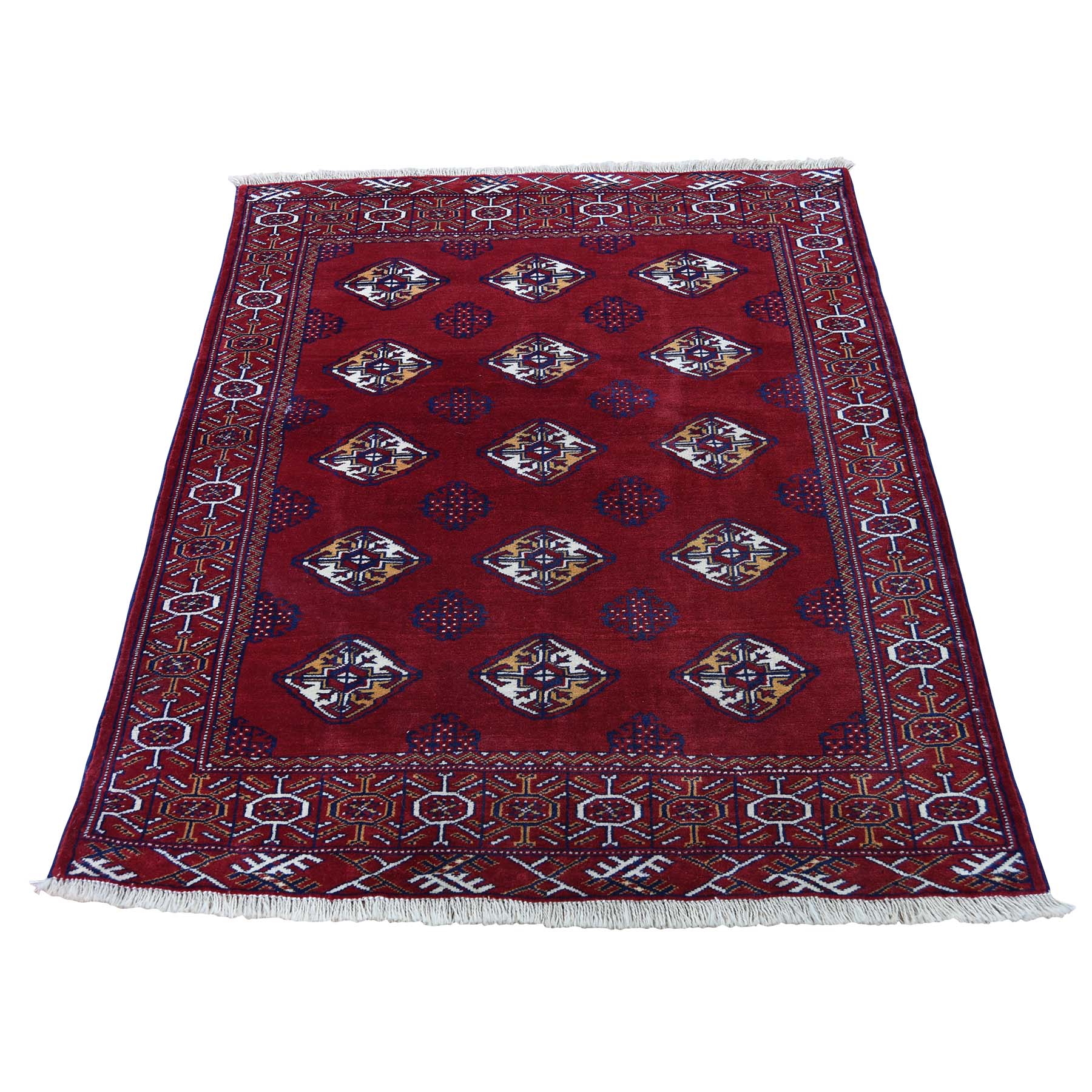 3'3"x4'2" Vintage Persian Turkoman Bokara Design Pure Wool Hand Woven Oriental Rug 
