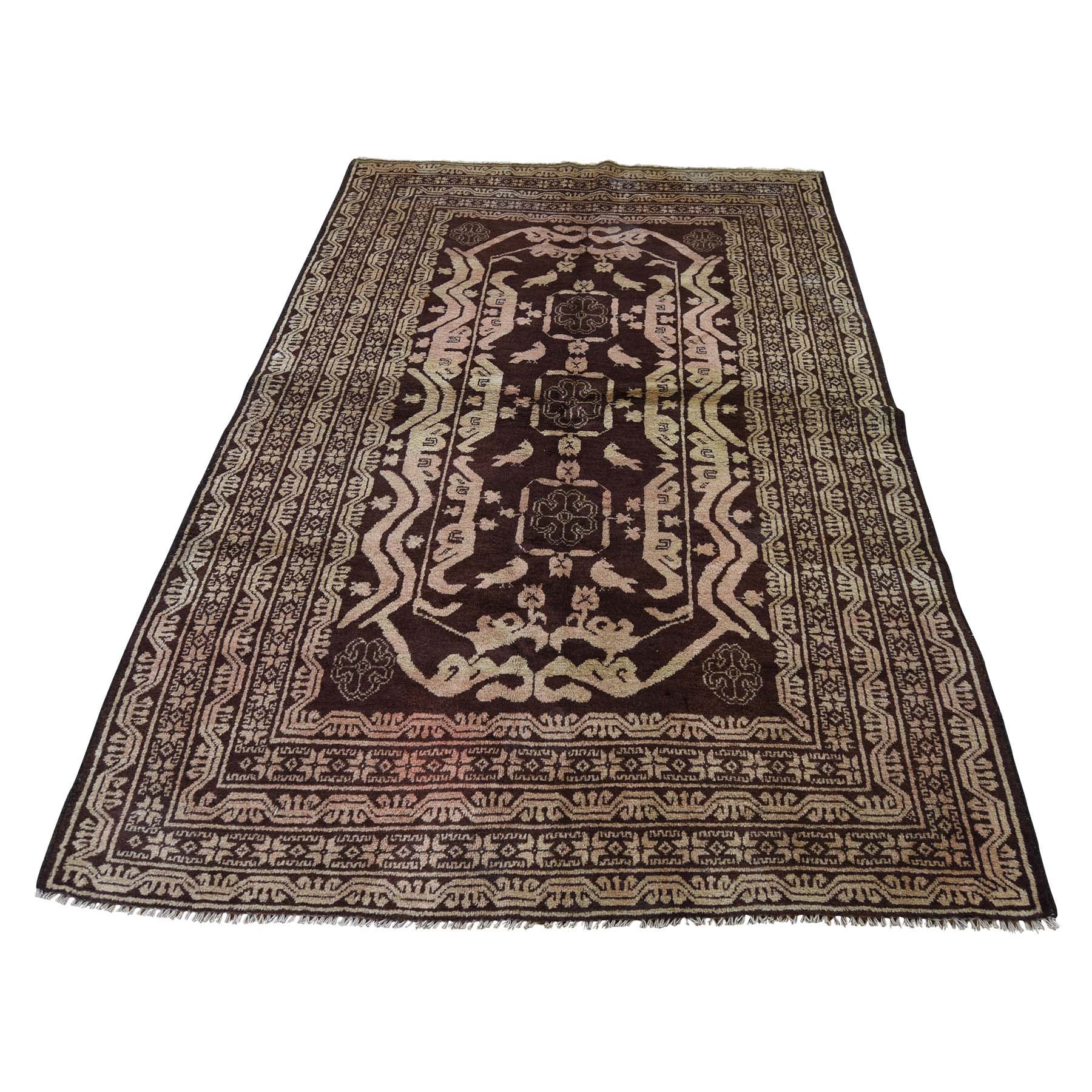 4'1"x6'9" Pure Wool Afghan Baluch Washed Out Color With Birds Hand Woven Oriental Rug 