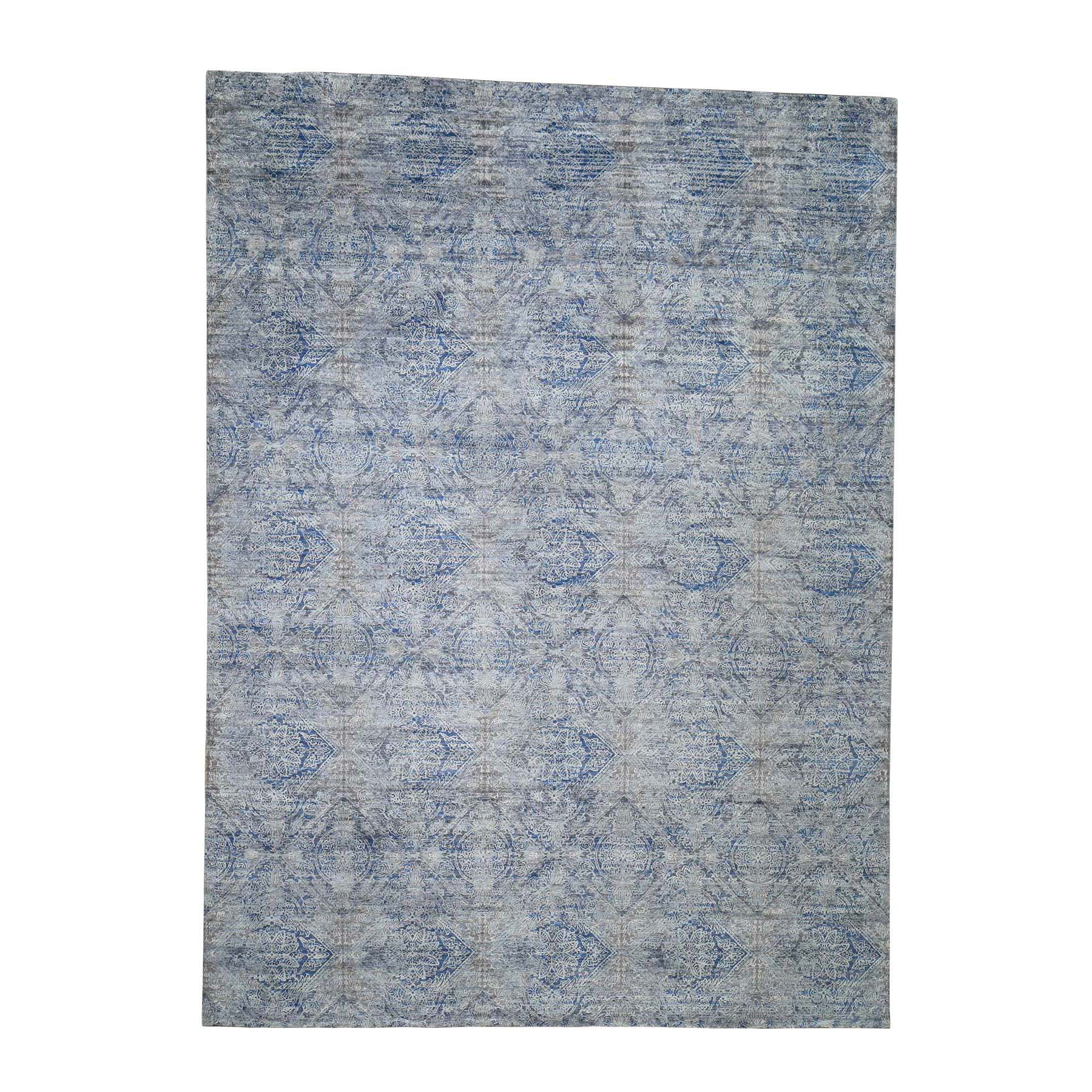 8'9"x12' Silk With Textured Wool Denim Blue Erased Rosette Design Hand Woven Oriental Rug 