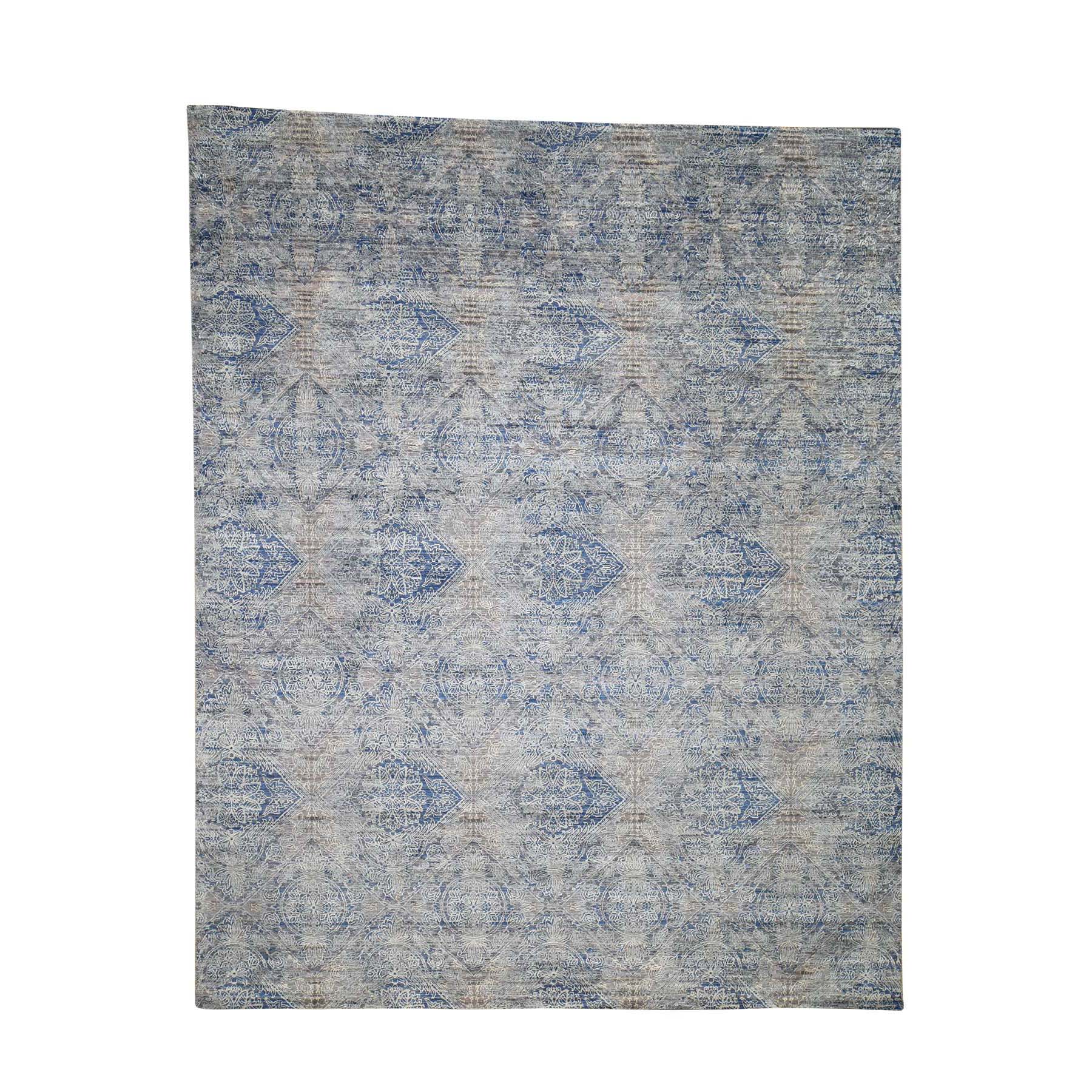 8'x10' Silk With Textured Wool Denim Blue Erased Rosette Design Hand Woven Oriental Rug 