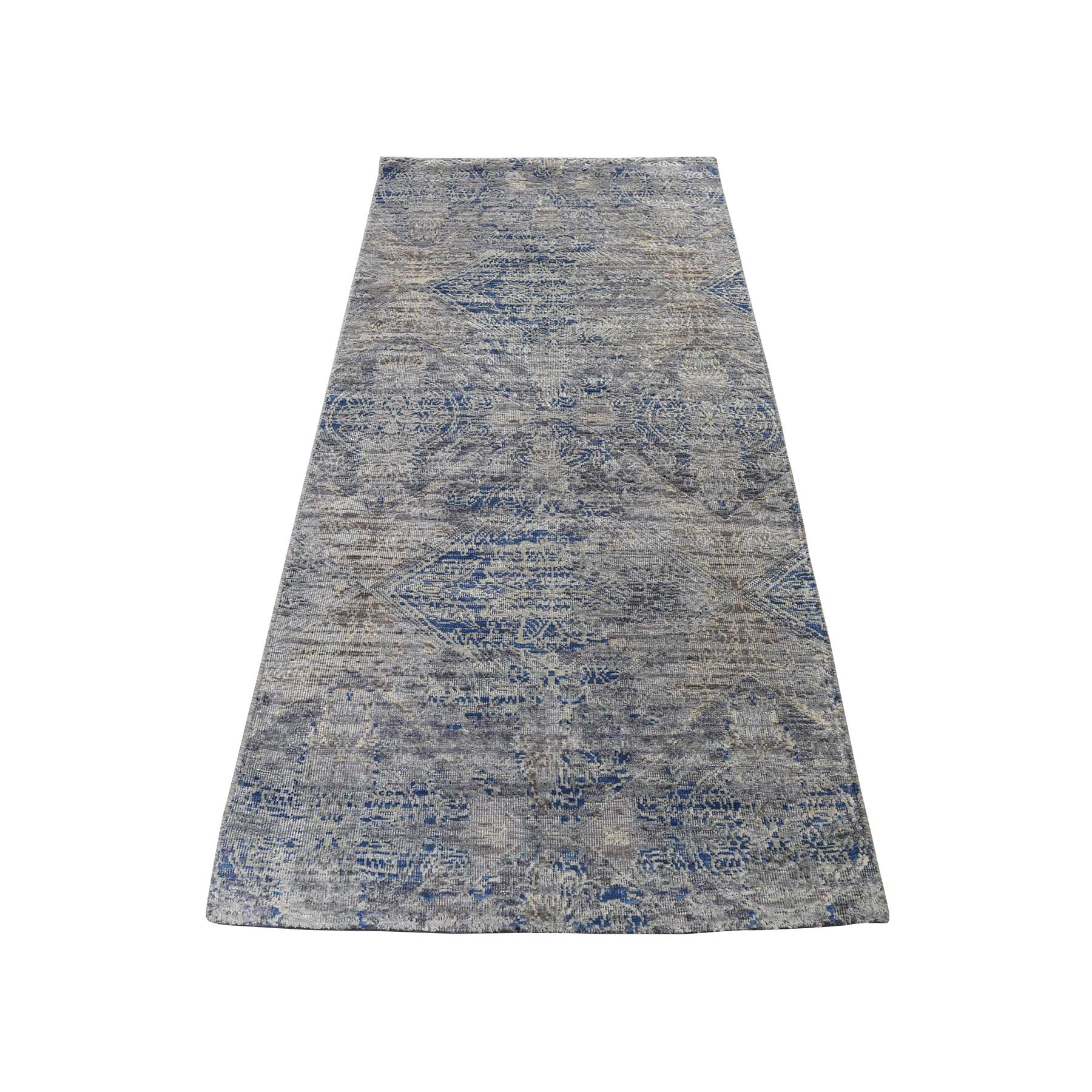 2'6"x6' Silk With Textured Wool Denim Blue Erased Rosette Design Hand Woven Oriental Rug 