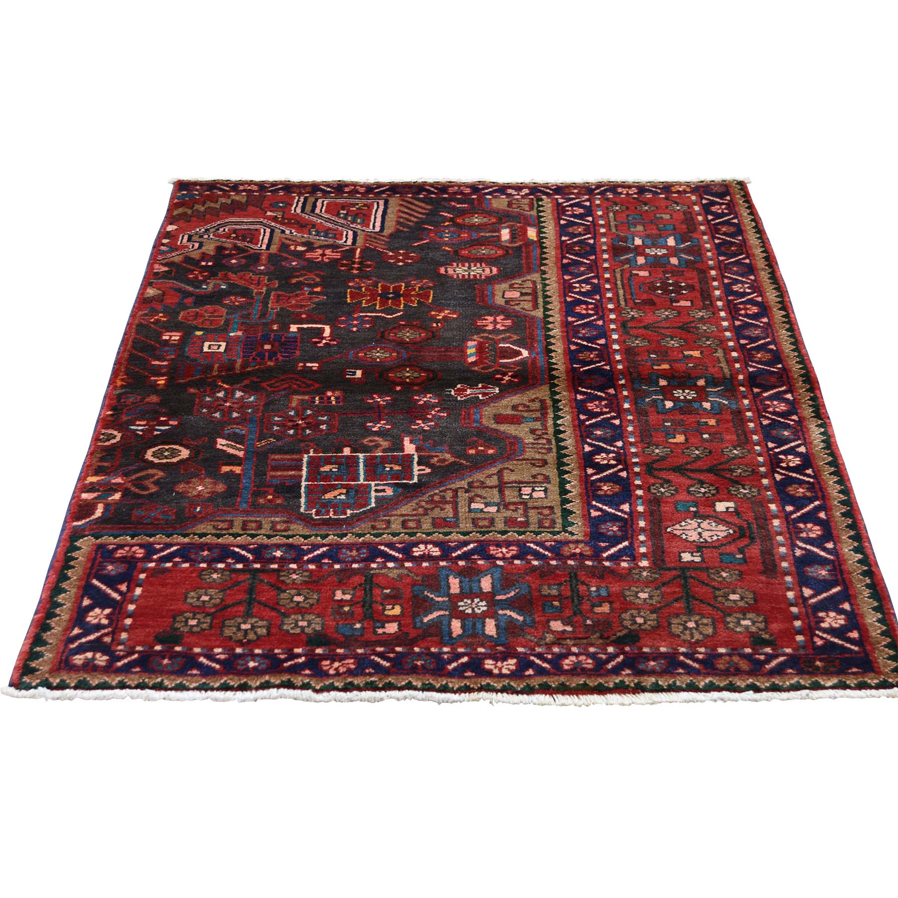 3'6"x4'10" Vintage Persian Nahavand Sampler Pure Wool Hand Woven Oriental Rug 