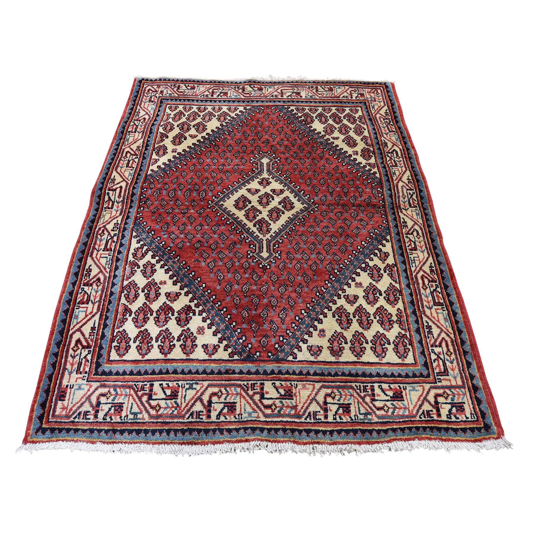 3'7"x5'2" Vintage Persian Sarouk Mir Pure Wool Hand Woven Oriental Rug 