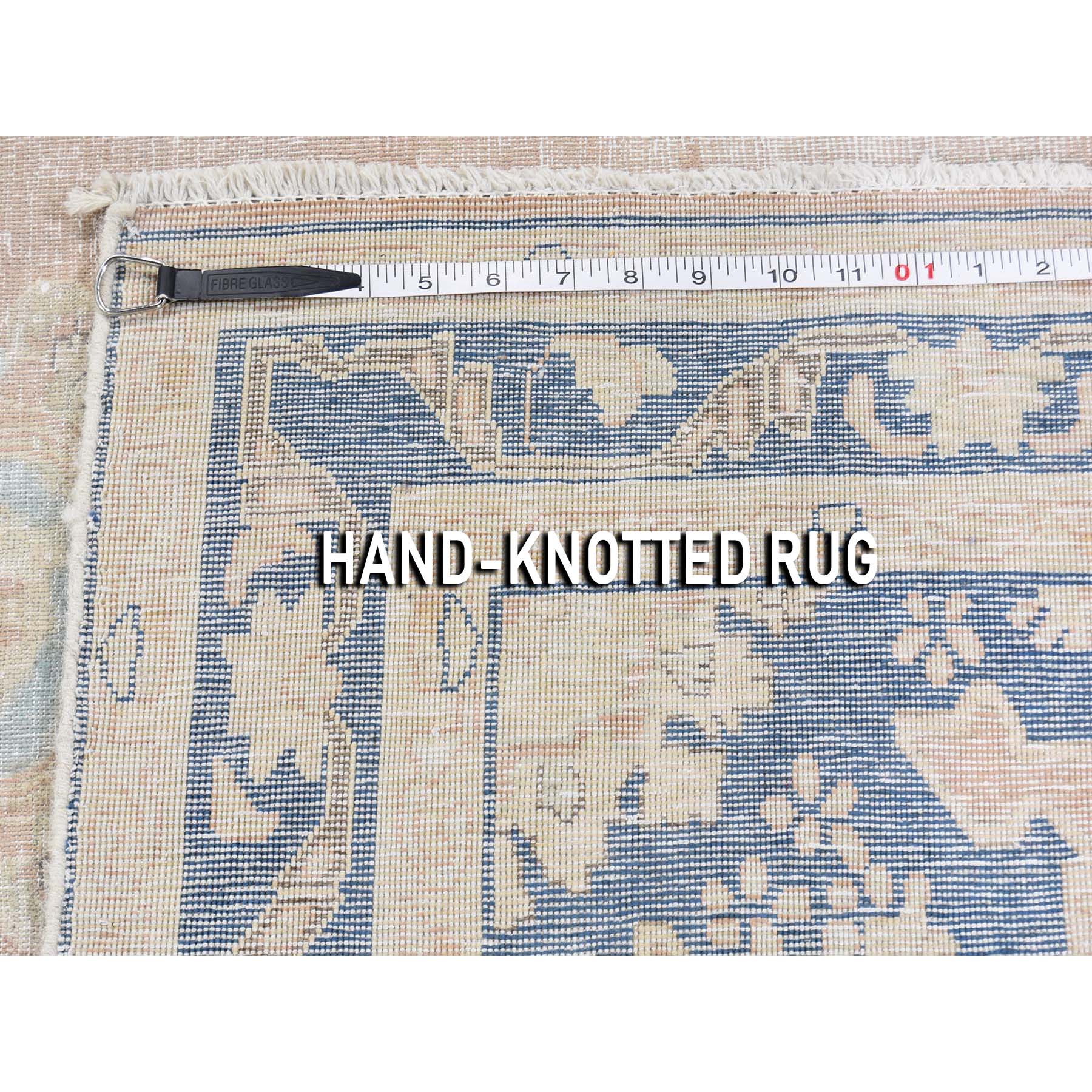 4'7"x7'6" Hand Woven White Wash Vintage Kerman Highlight Of Blue Worn Pile Oriental Rug 
