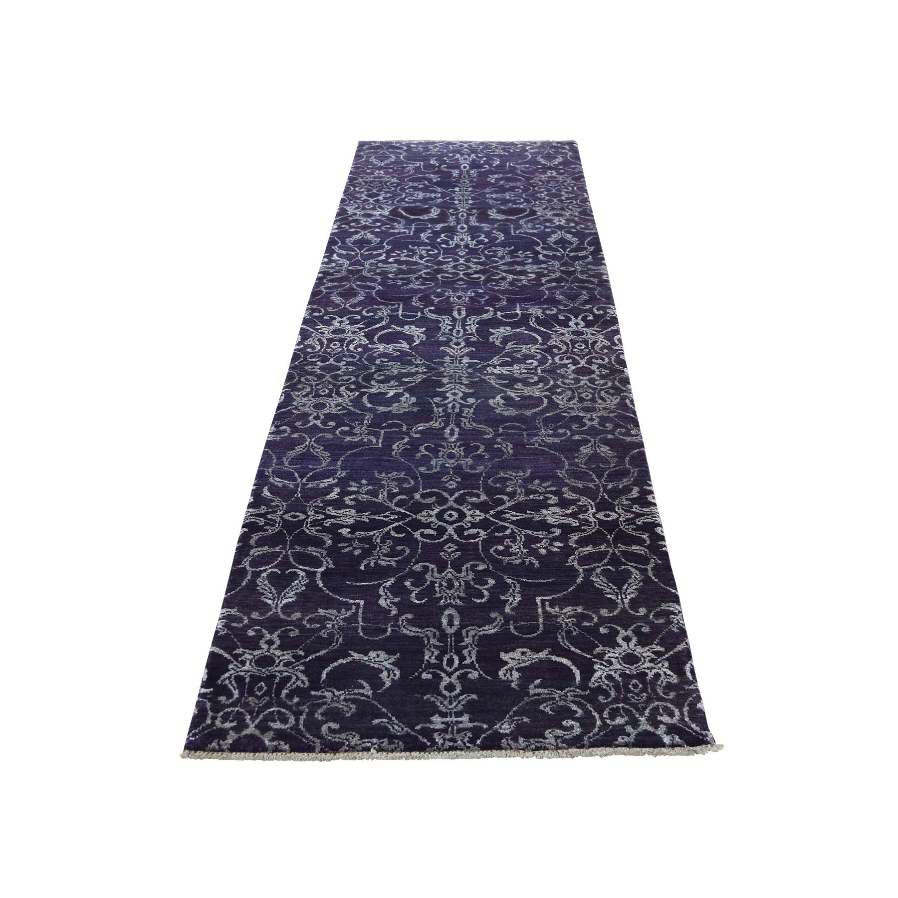 2'5"x9'7" Runner Wool and Silk Tone on Tone Damask Hand Made Oriental Rug 