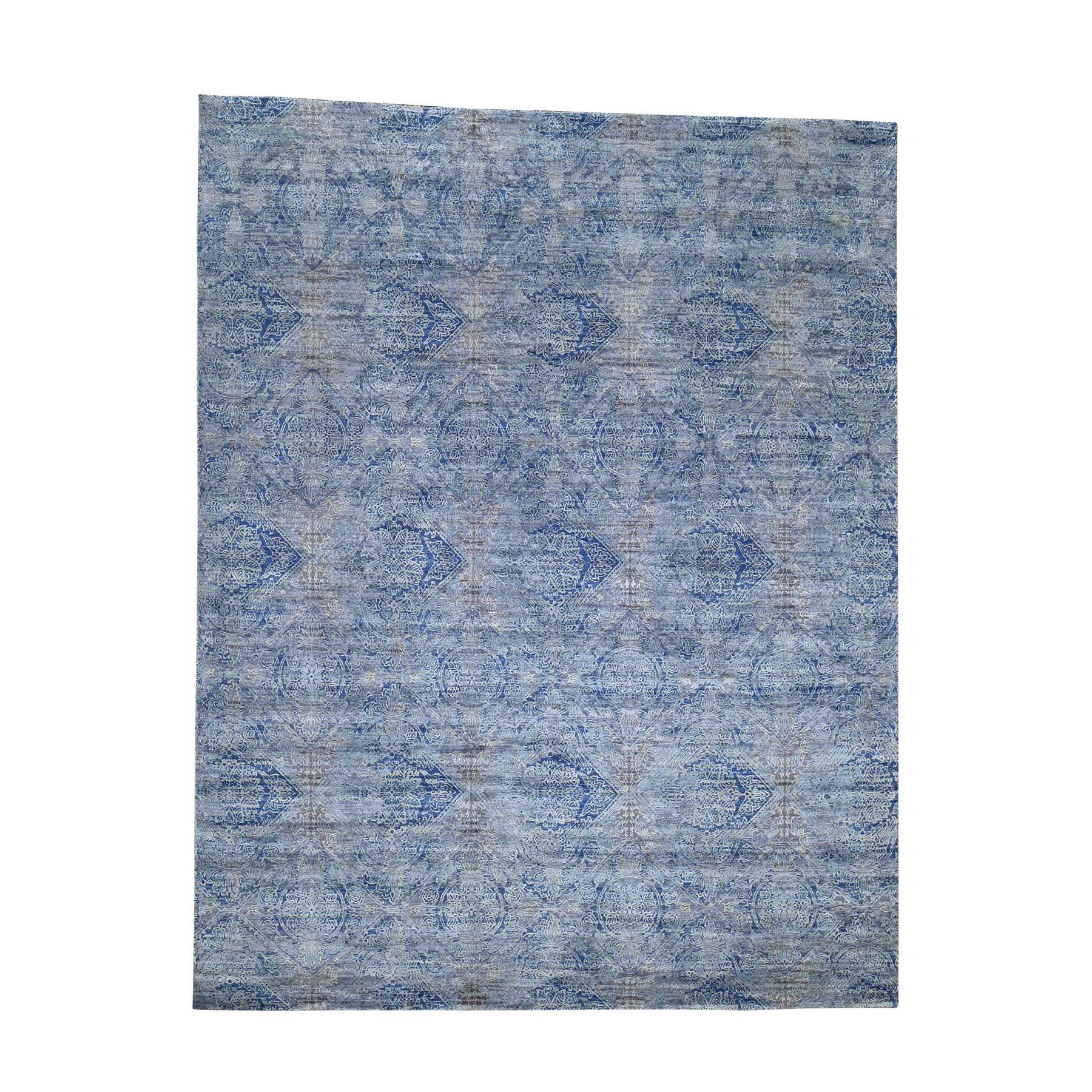 8'x10'2" ERASED ROSSETS,Silk With Textured Wool Denim BluE Hand Woven Oriental Rug 