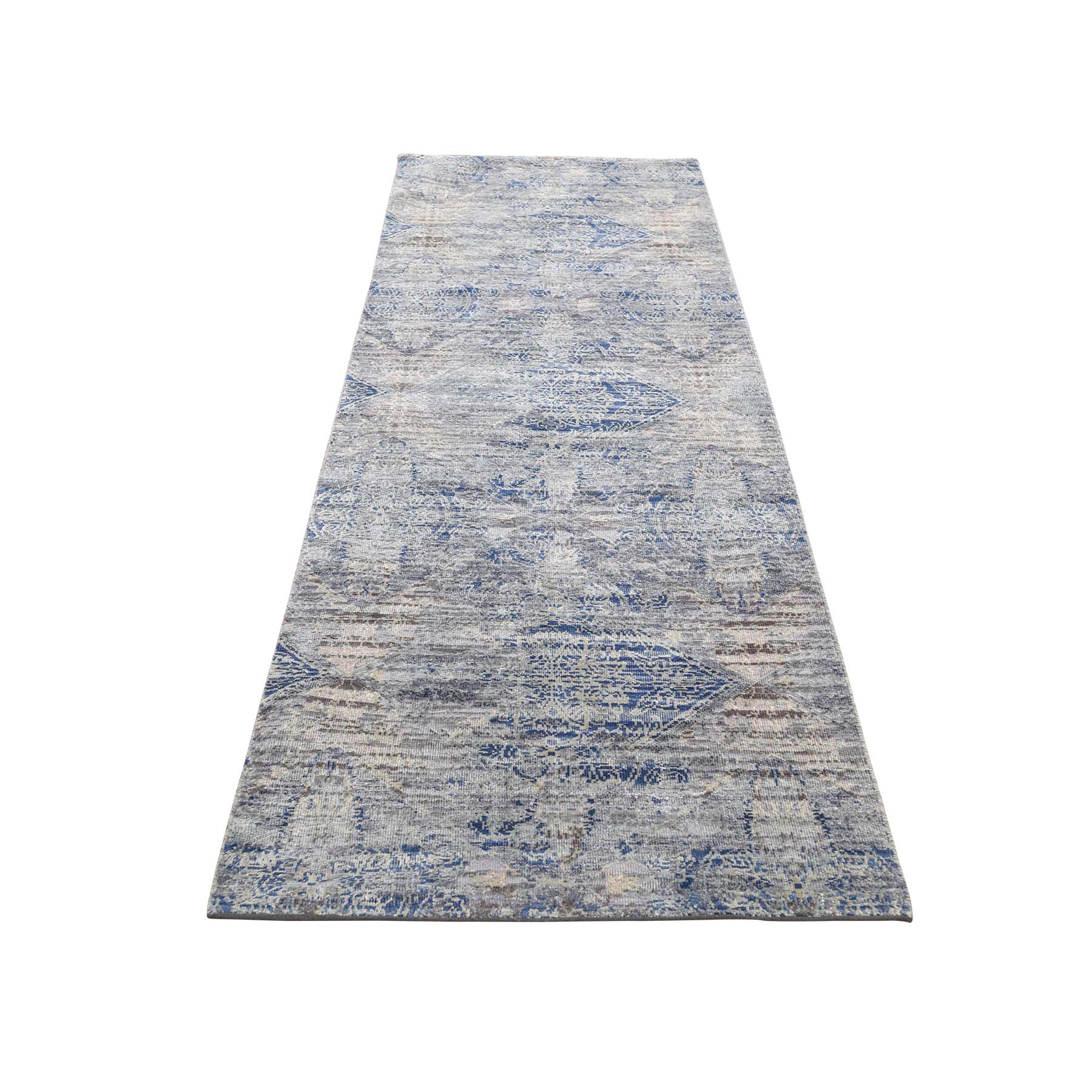 2'5"x8'2" ERASED ROSSETS,Silk With Textured Wool Denim Blue Runner Hand Woven Oriental Rug 