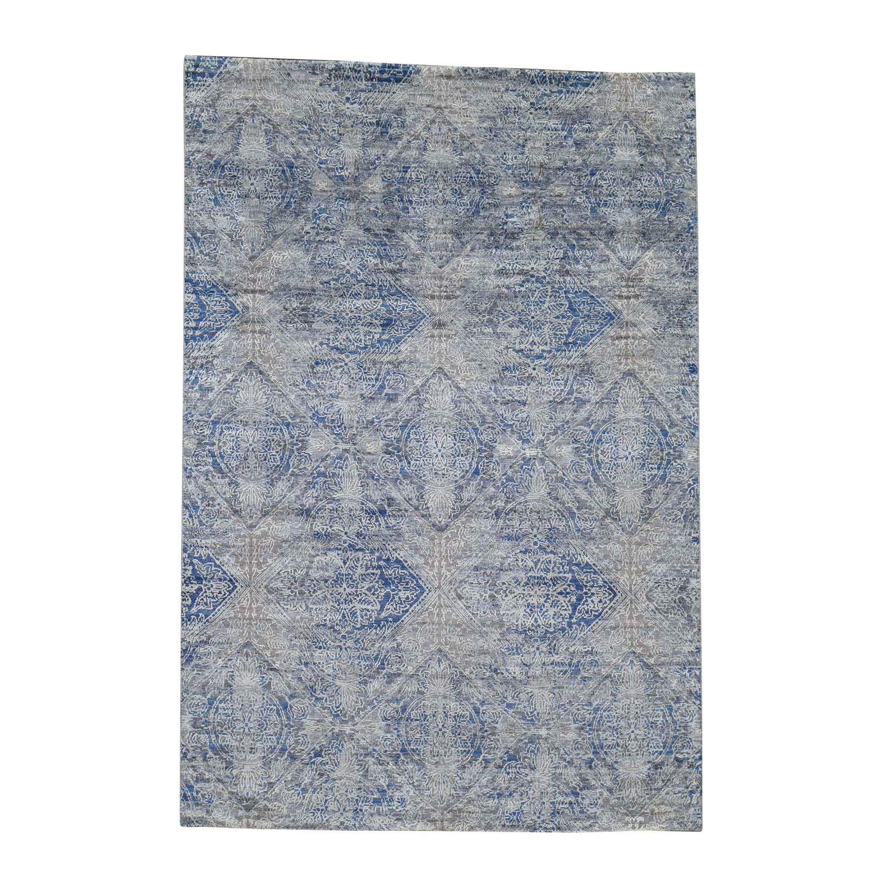 4'9"x7' ERASED ROSSETS,Silk With Textured Wool Denim BluE Hand Woven Oriental Rug 