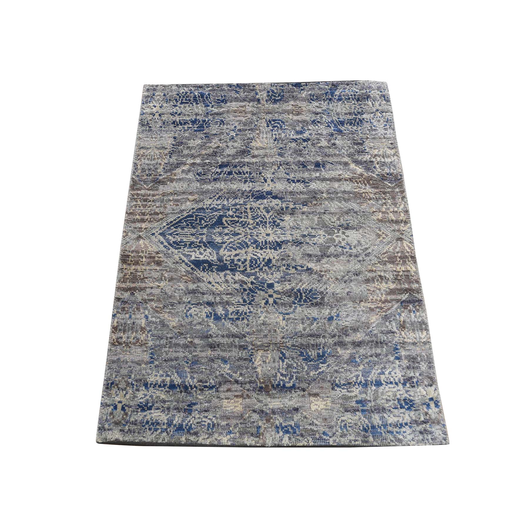 2'x3' ERASED ROSSETS,Silk With Textured Wool Denim BluE Hand Woven Oriental Sample Rug 