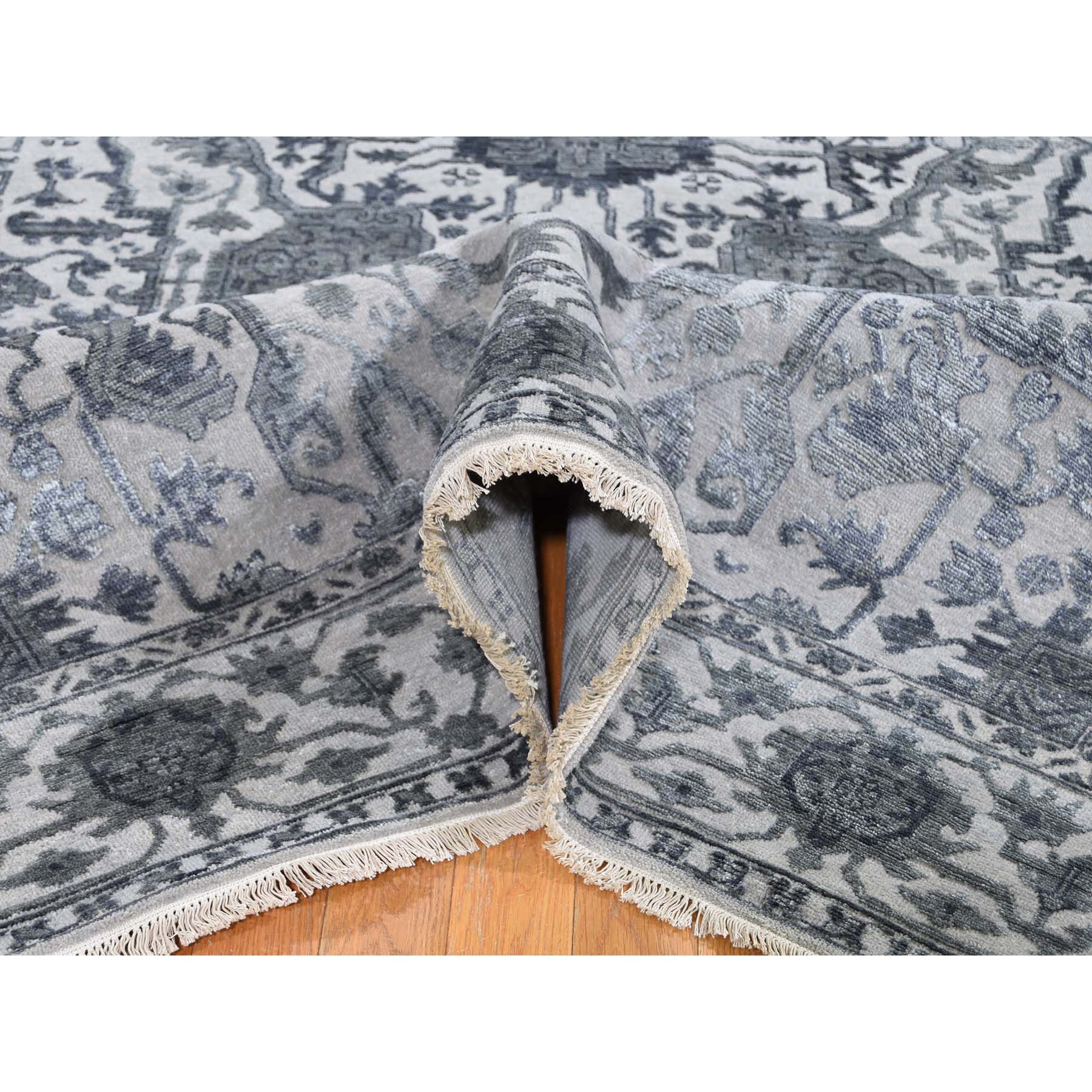 6'x9'2" Silver Heriz Design Wool And Silk Hi-lo Pile Hand Woven Oriental Rug 