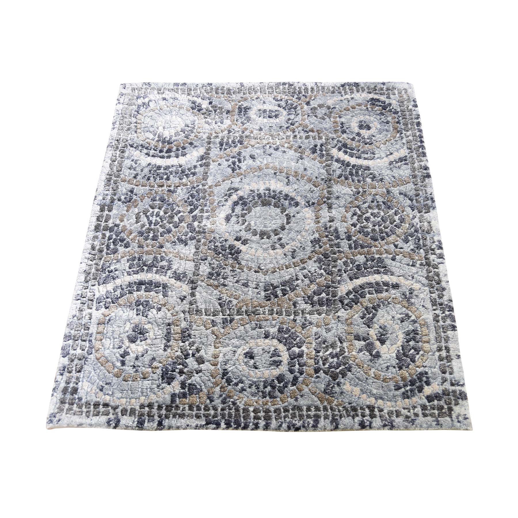 2'2"x2'10" Blue,Ivory Silken Roman Mosaic Design Hand Woven Oriental Rug 
