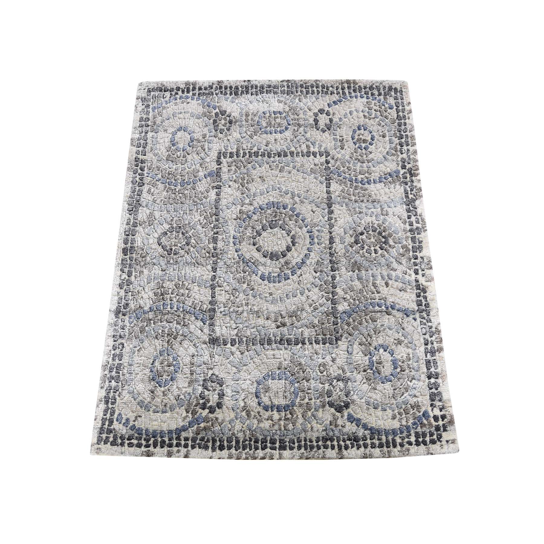 2'2"x3' Blue Silken Roman Mosaic Design Hand Woven Oriental Rug 