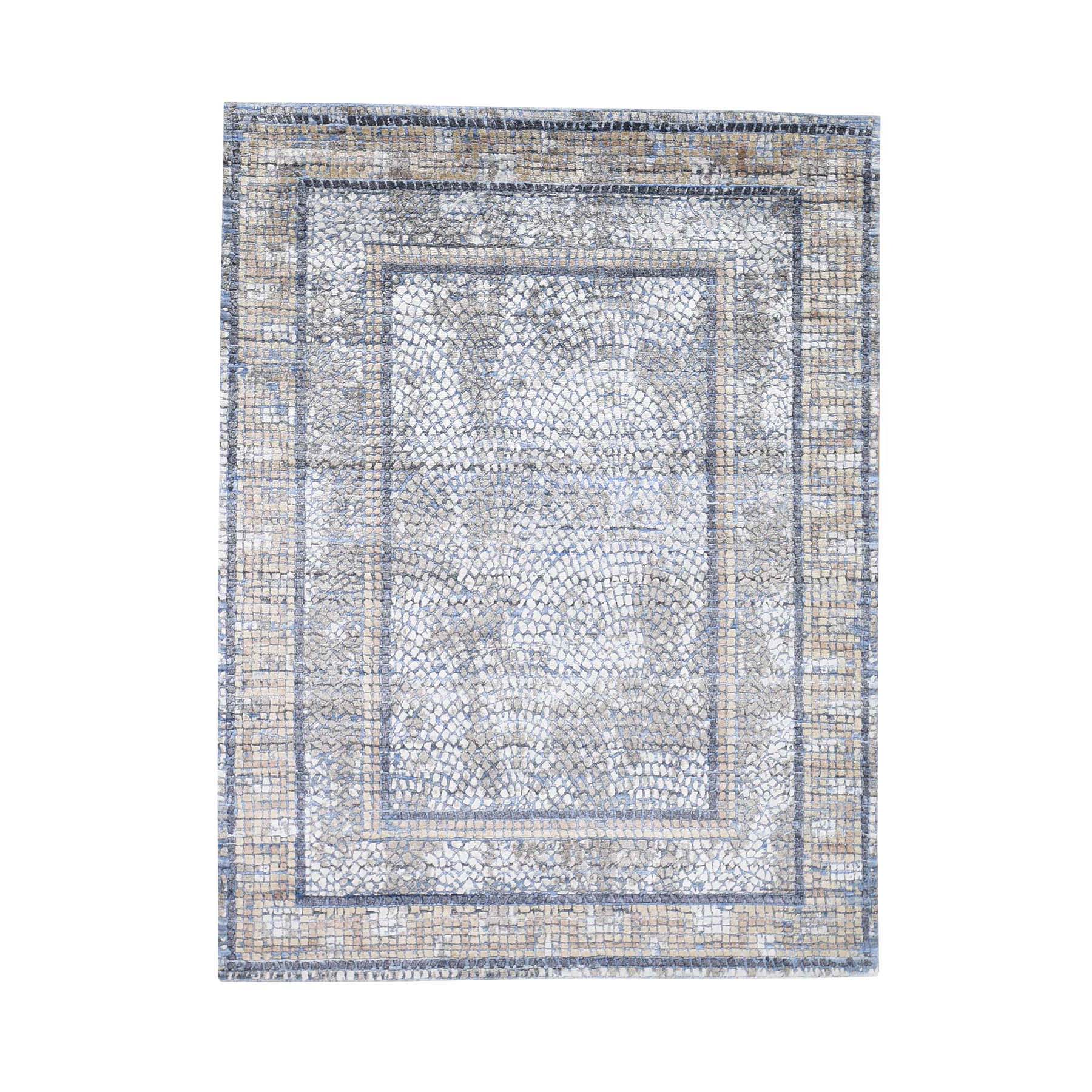 5'2"x6'10" Denim Silken Roman Mosaic Design Hand Woven Oriental Rug 