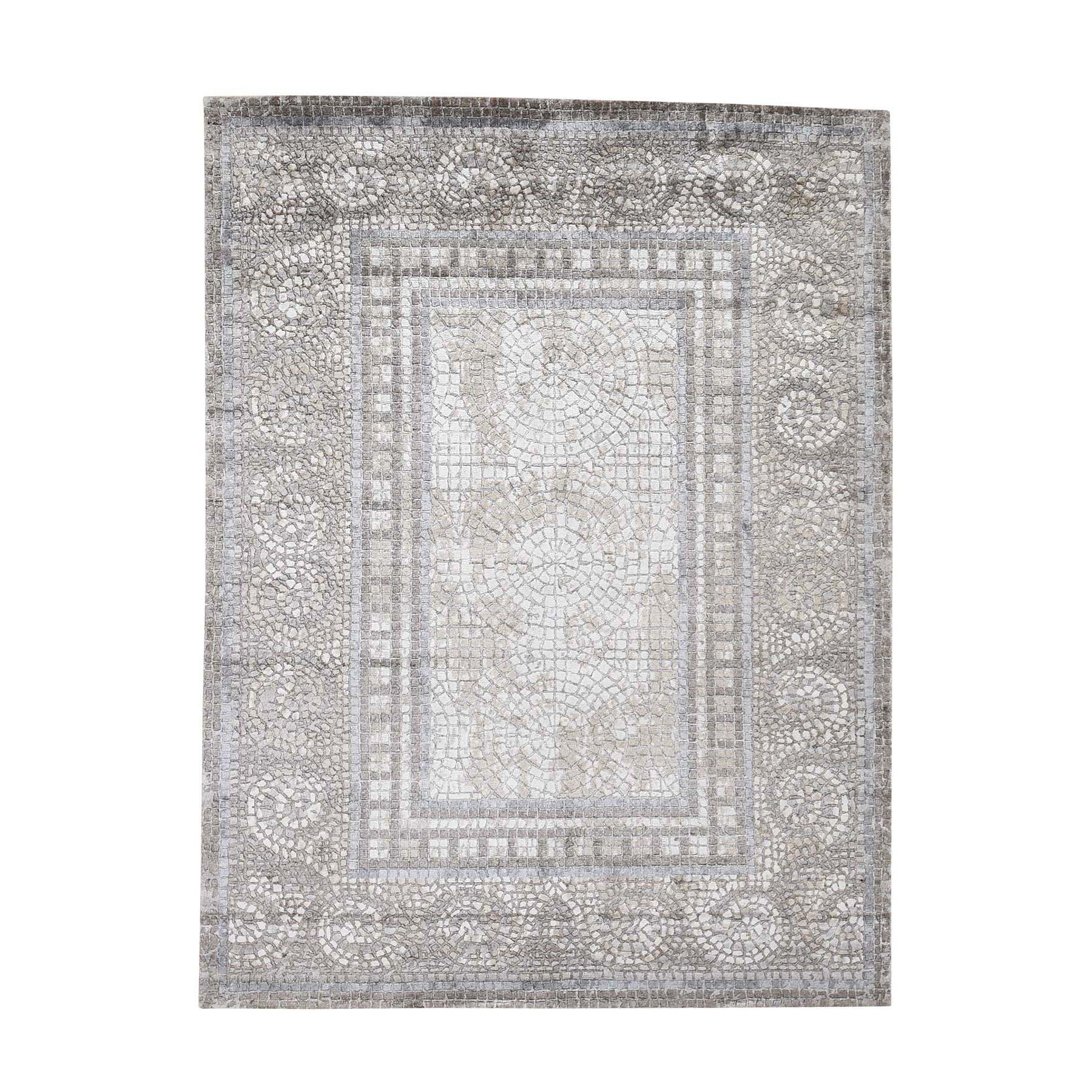 5'2"x6'10" Ivory And Taupe Silken Roman Mosaic Design Hand Woven Oriental Rug 