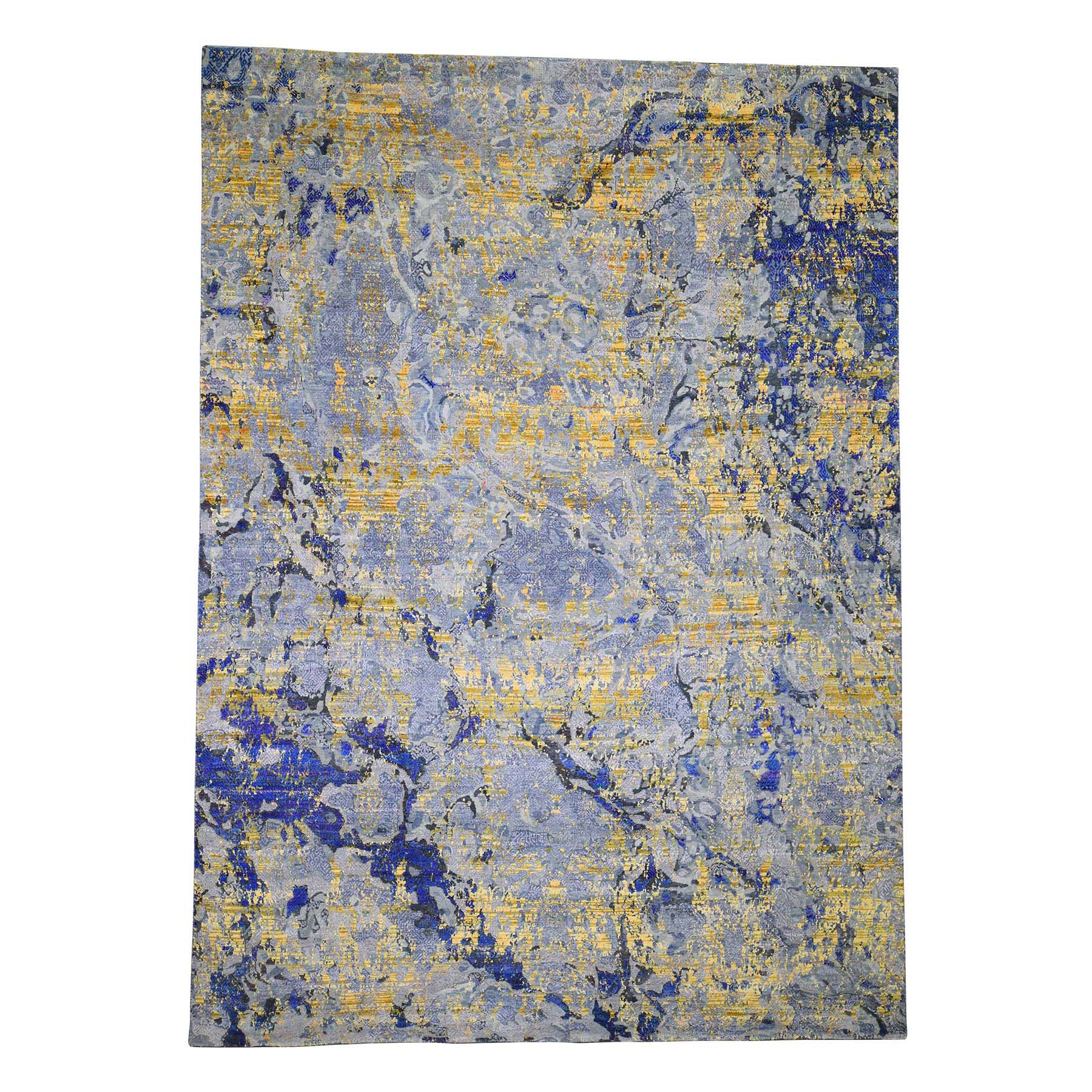 8'10"x12'5" Sari Silk With Textured Wool Yellow & Navy Blue hand-Knotted Oriental Rug 