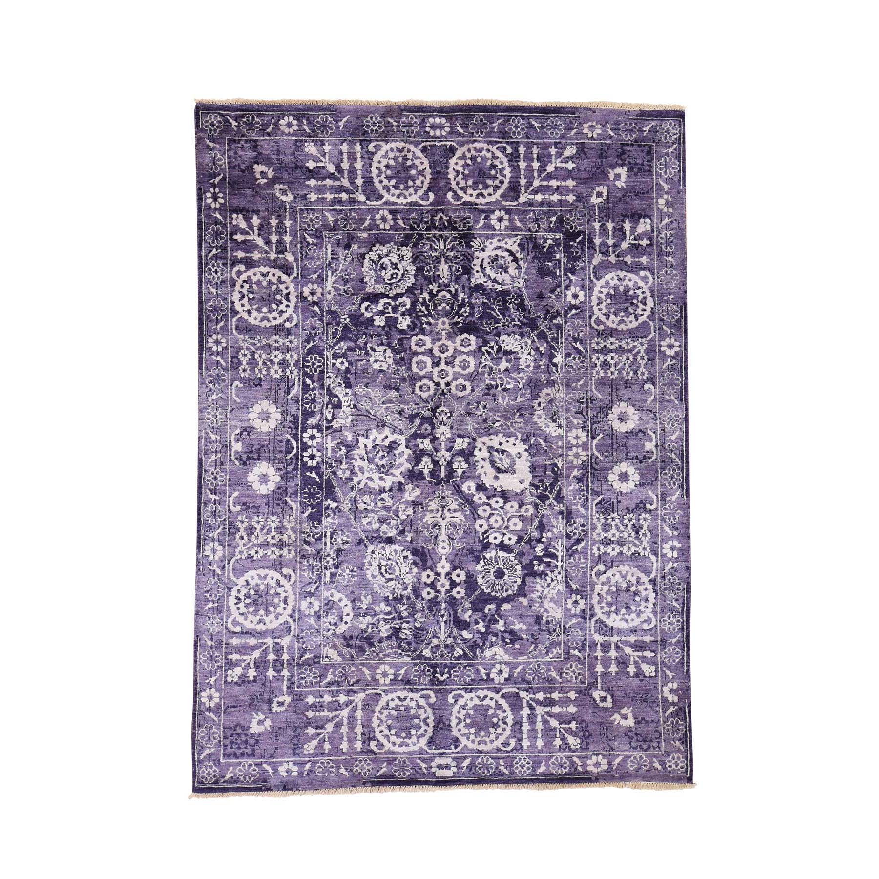 4'10"x6'8" Transitional Purple Tabriz Wool and Silk Hand Woven Oriental Rug 