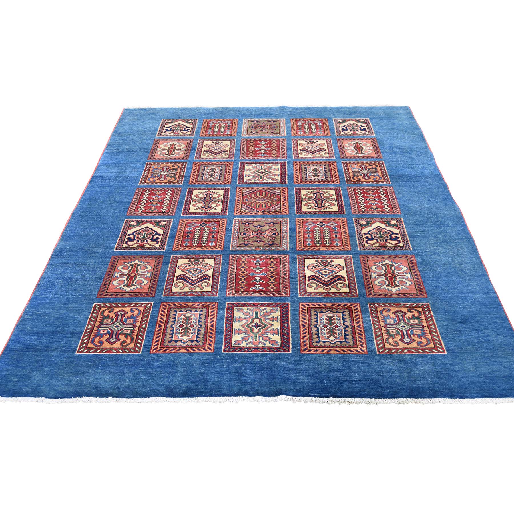 5'x6'6" Denim Blue Super Kazak Garden Design Pure Wool Hand Woven Oriental Rug 