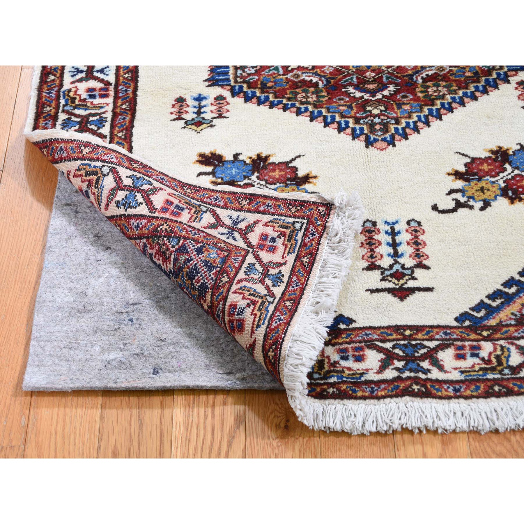 3'3"x4'3" Vintage Bohemian Karabakh Pure Wool Ivory Hand-knotted Oriental Rug 
