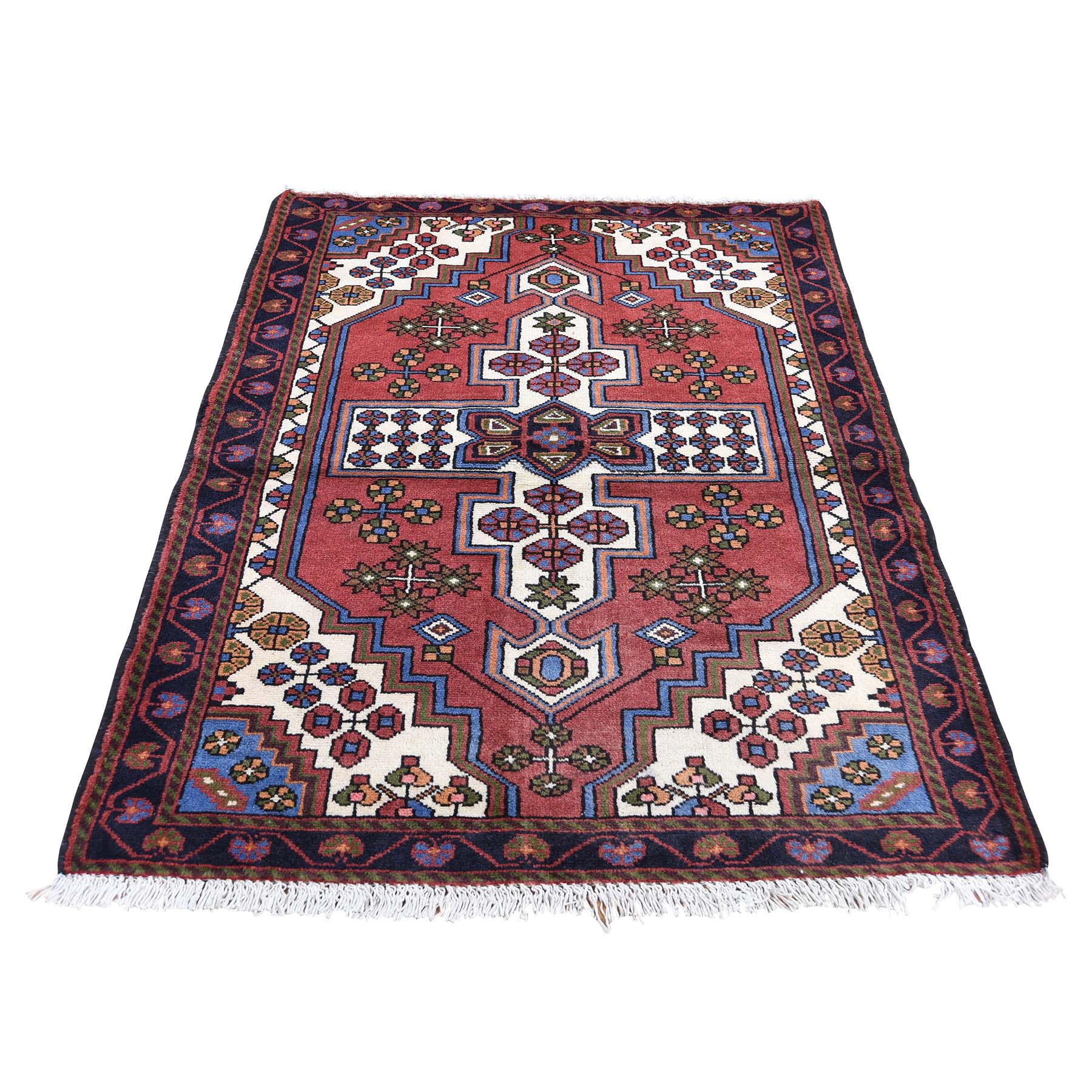 3'5"x5' Vintage Bohemian Red Persian Hamadan Pure Wool Hand Woven Oriental Rug 