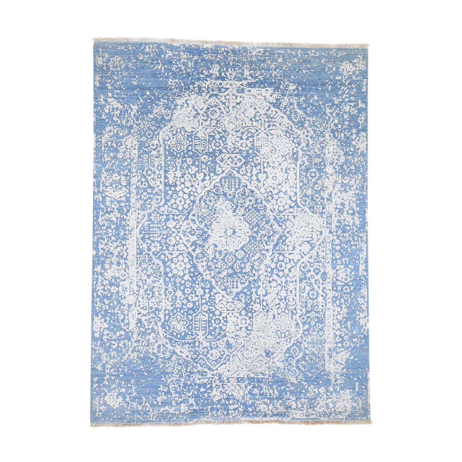 5'1"x7' Hand Woven Broken Persian Design Denim Blue Wool and Pure Silk Oriental Rug 