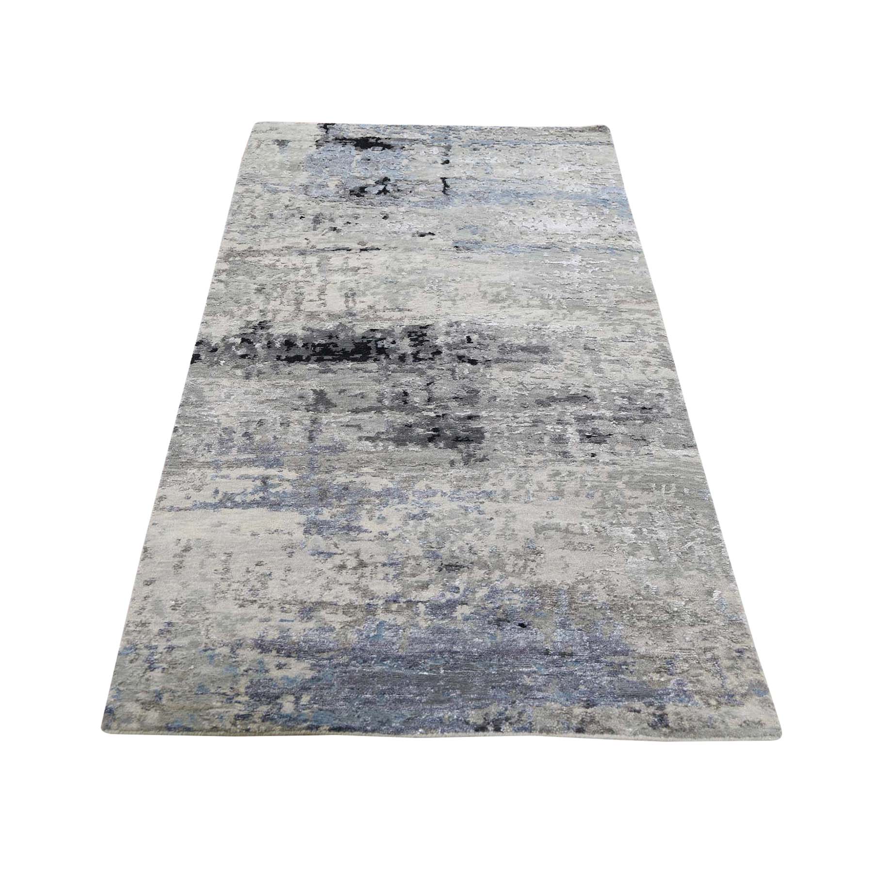 2'7"x5'9" Gray Hi low Pile Abstract Design Runner Wool And Silk Hand Woven Oriental Rug 