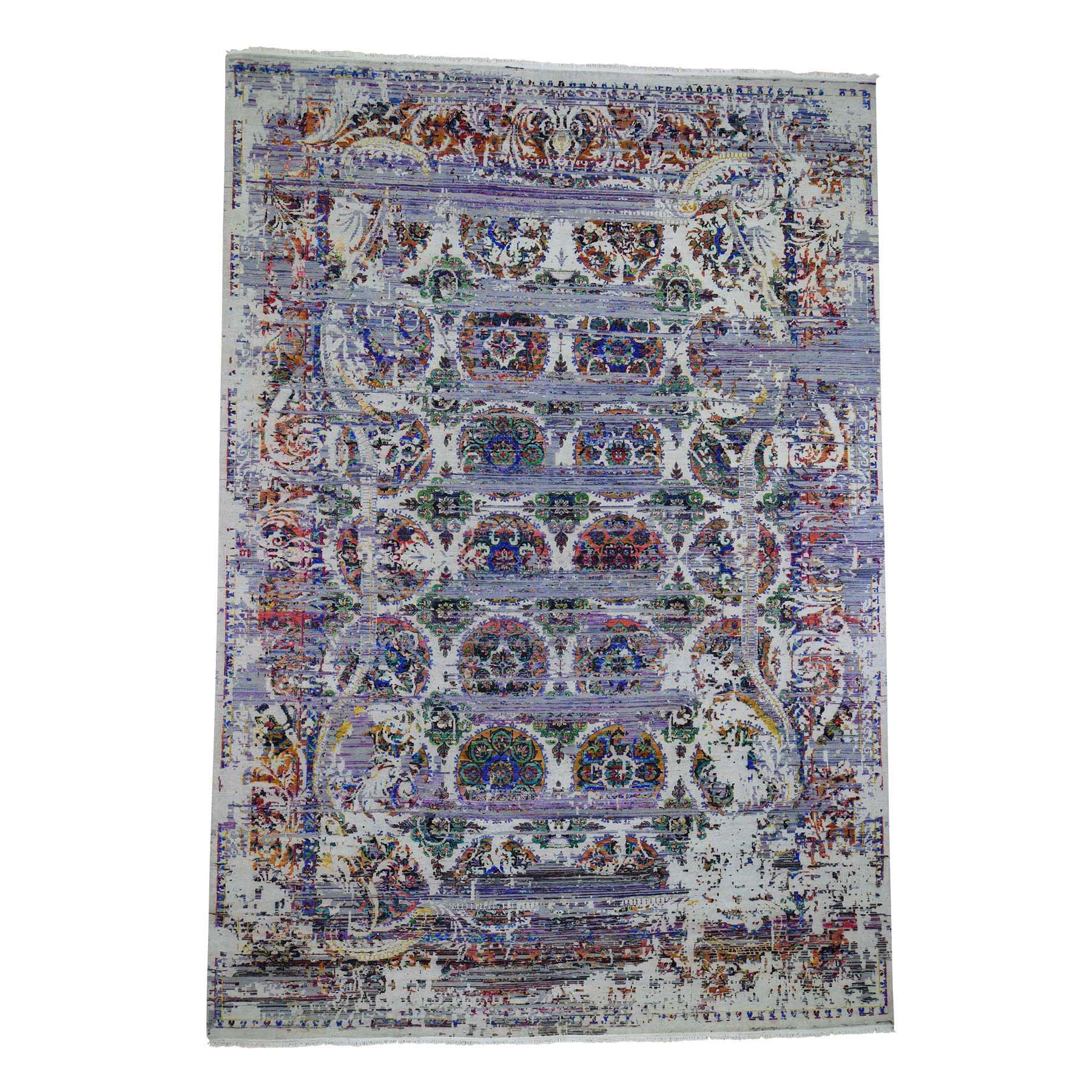 9'10"x14'3" ERASED ROSSETS, Colorful Sari Silk With Textured Wool Hand Woven Oriental Rug 