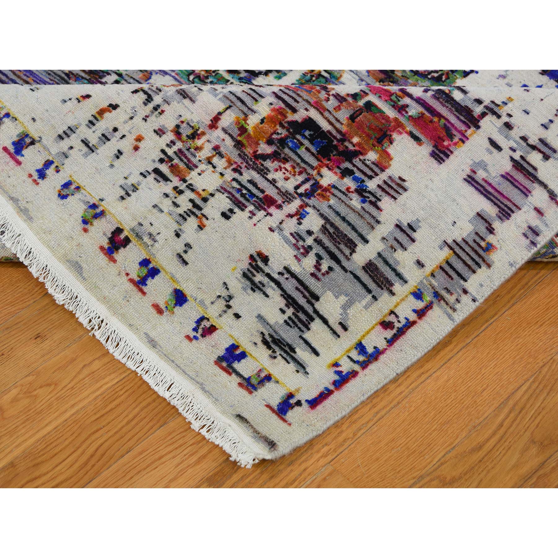 9'10"x14'3" ERASED ROSSETS, Colorful Sari Silk With Textured Wool Hand Woven Oriental Rug 