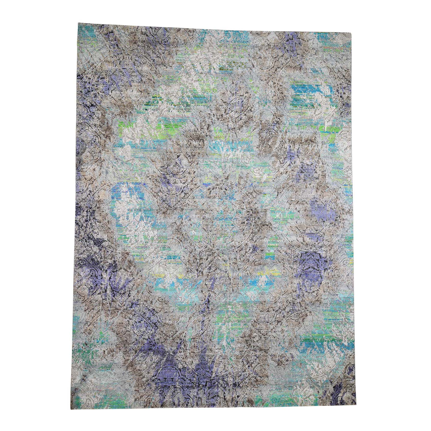 8'9"x11'10" COLORFUL DIMINISHING COINS, Sari Silk With Textured Wool Hand Woven Rug 