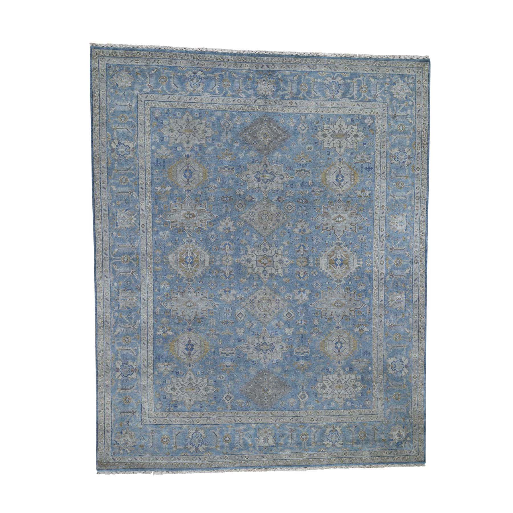 8'1"x10' Blue Karajeh Design Pure Wool Hand Woven Oriental Rug 
