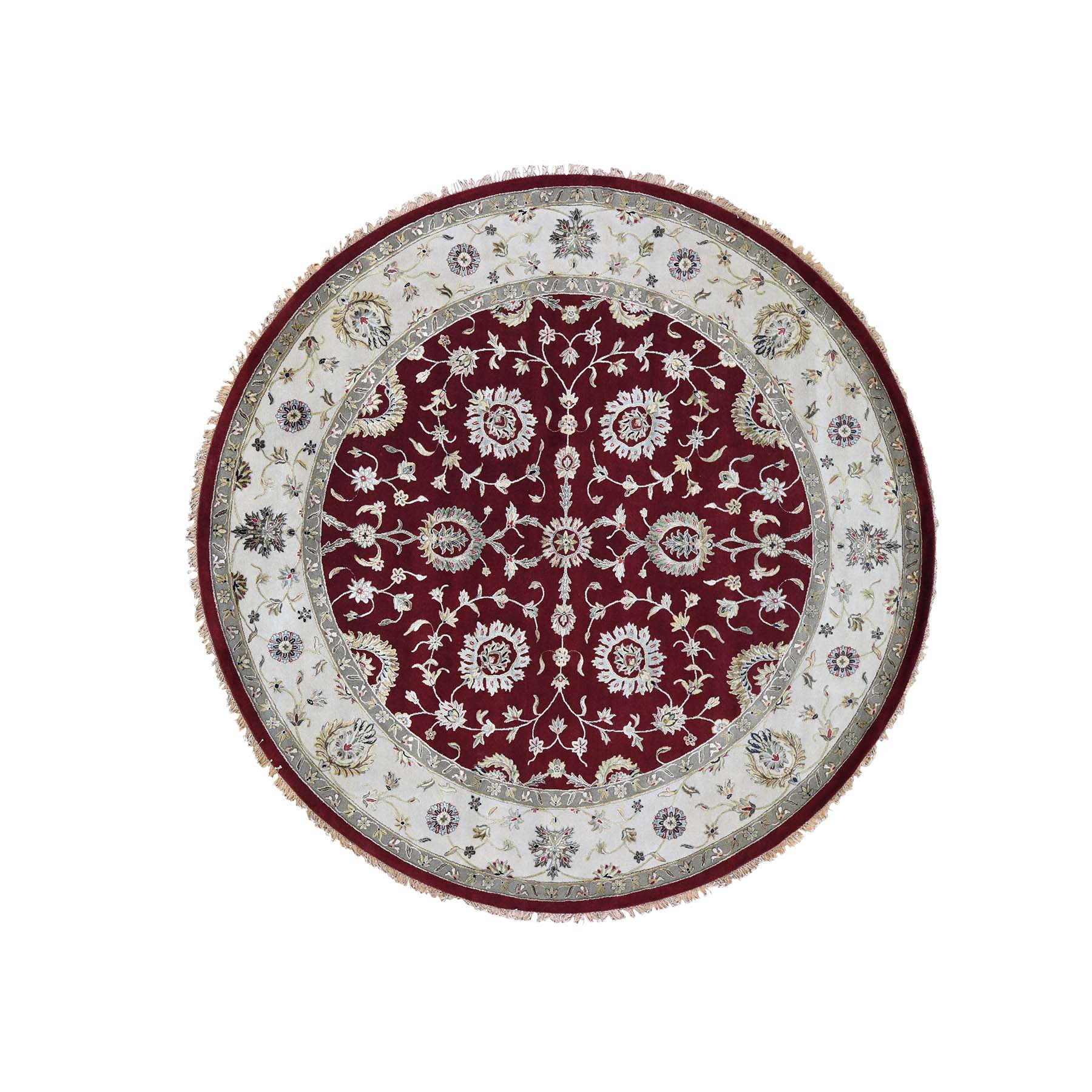 10'1"x10'1" Half Wool and Half Silk Burgundy Rajasthan Round Hand Woven Oriental Rug 