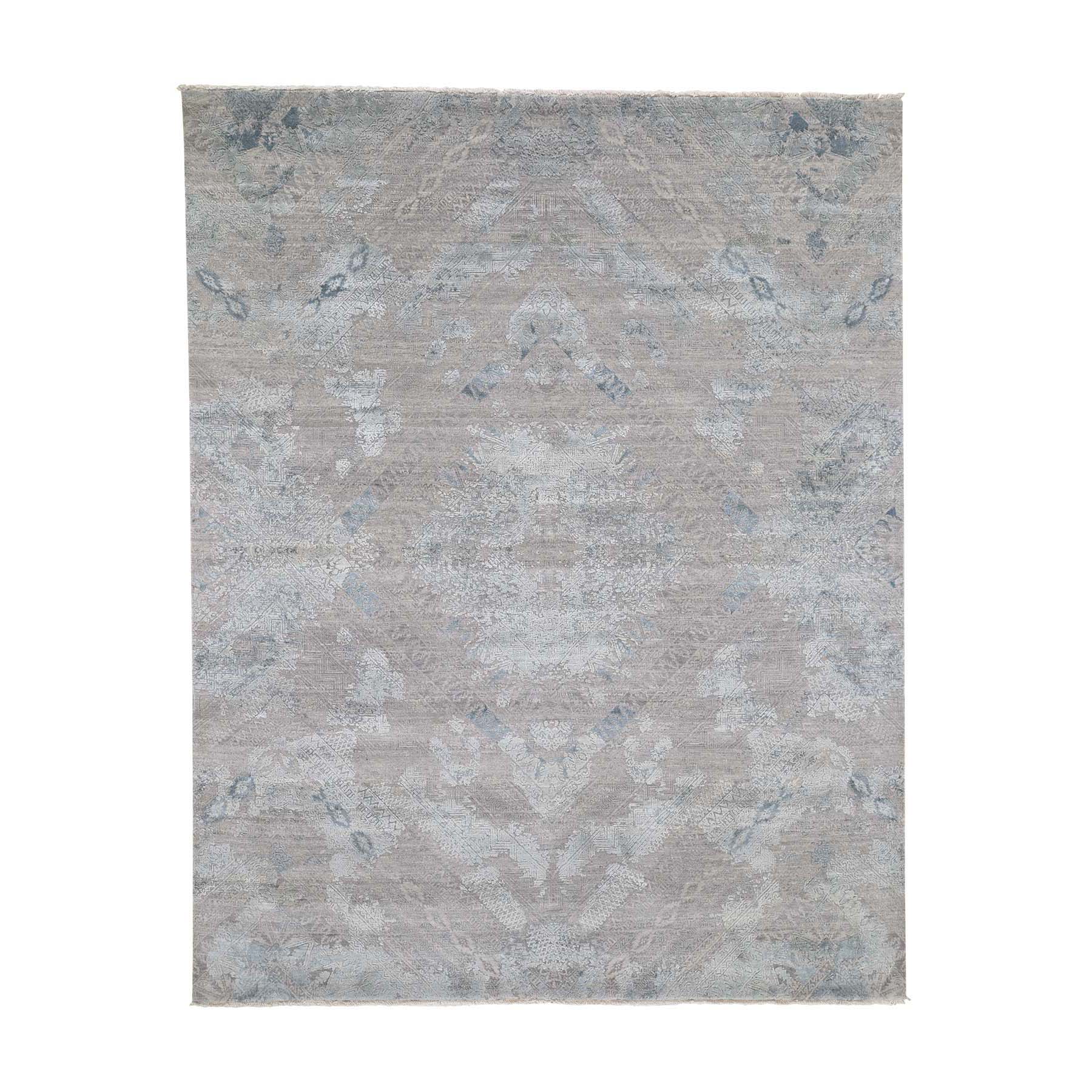 8'x10' Gray Wool And Pure Silk With Geometric Design Hand Woven Oriental Rug 