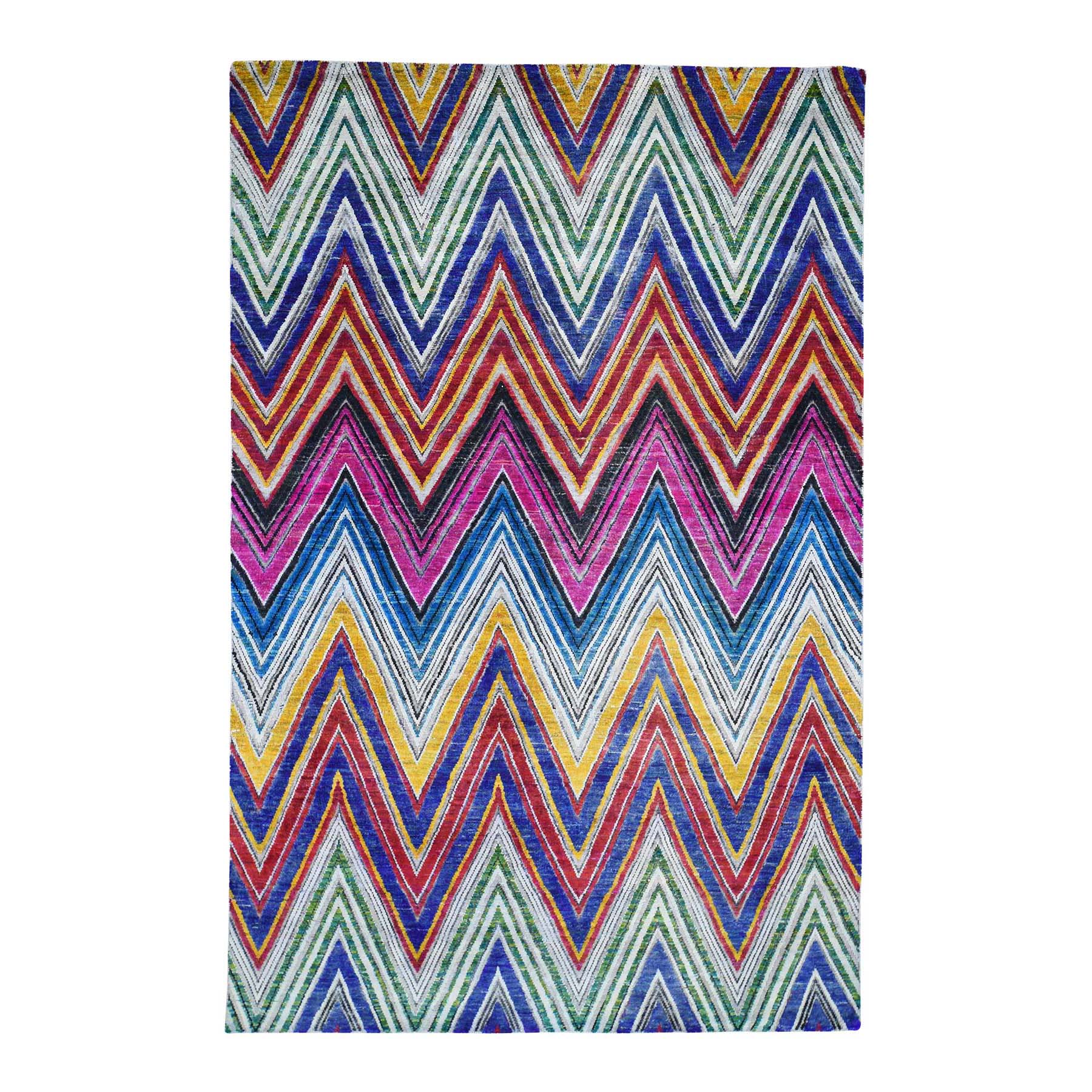 6'x9' Chevron Design Sari Silk with Textured Wool Hand Woven Oriental Rug 