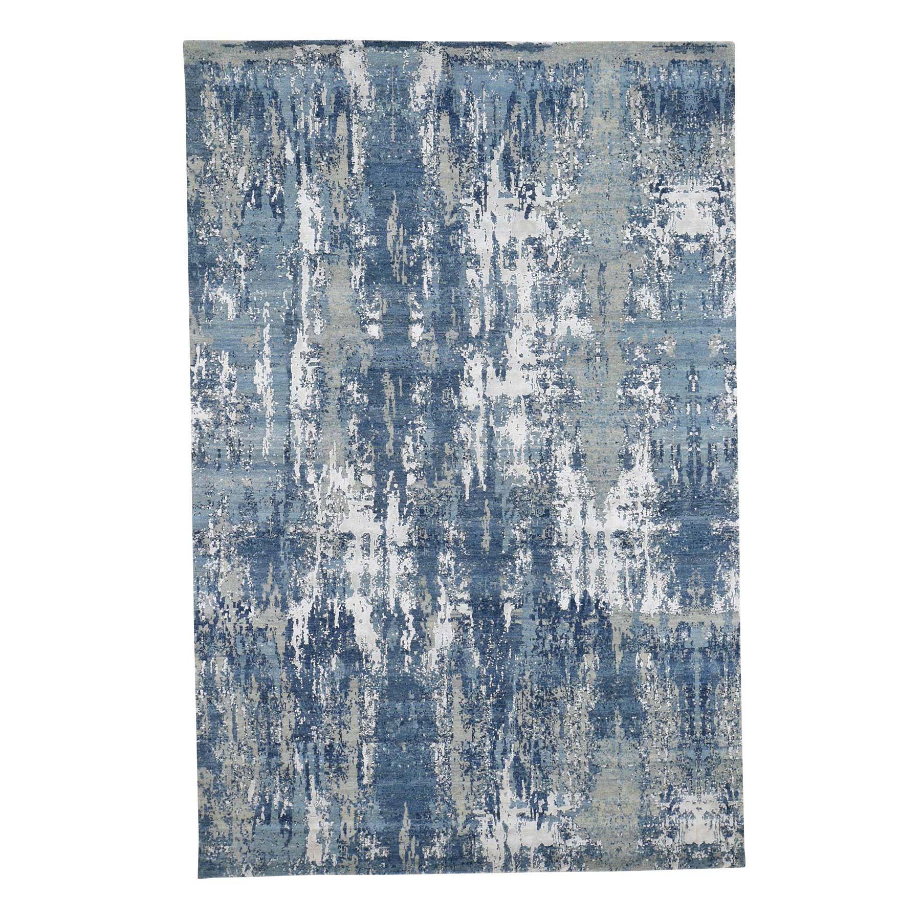 6'x9'2" Blue-Gray Abstract Design Wool and Pure Silk Hand Woven Oriental Rug 