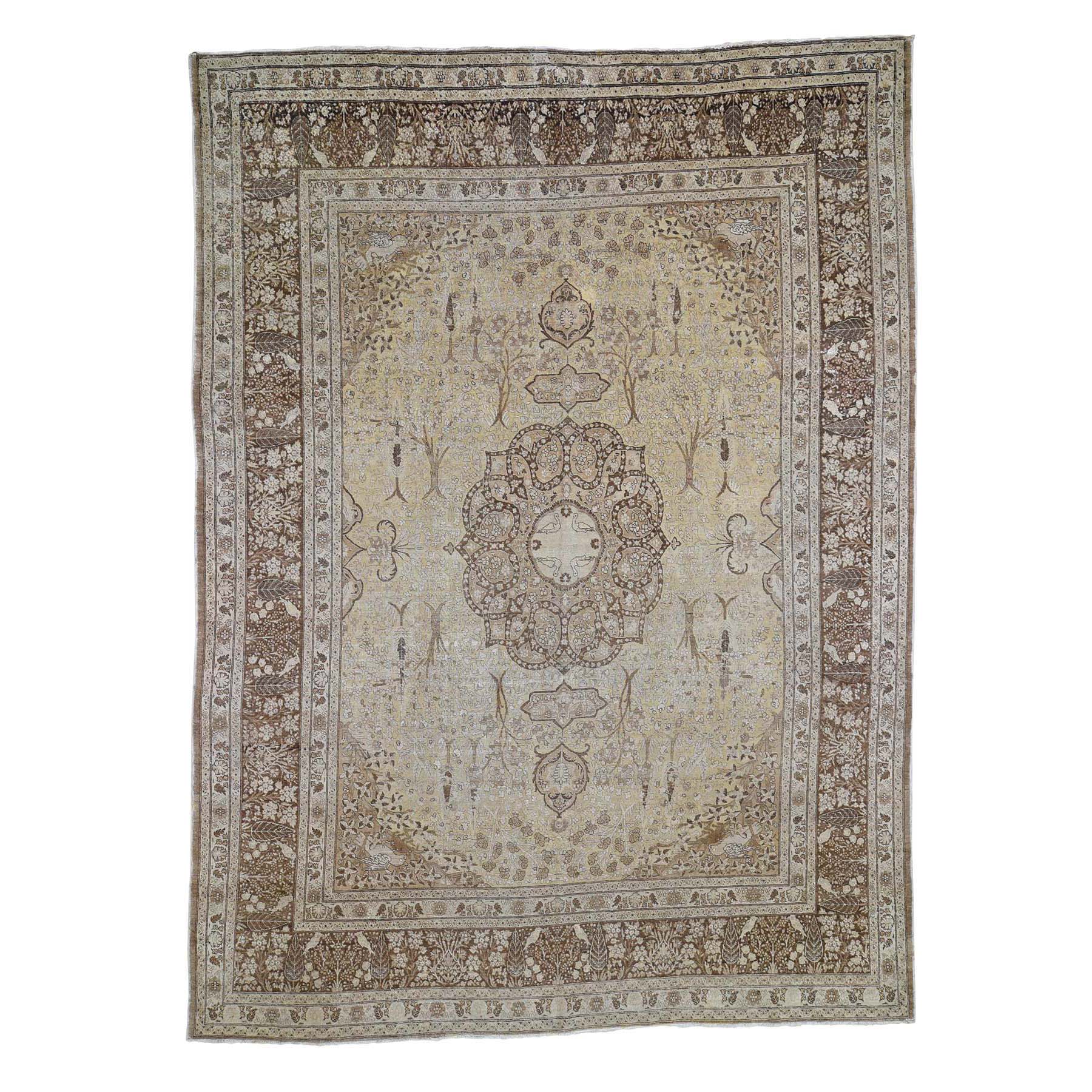 9'2"x12'5" Sand & Brown Color Antique Persian Tabriz Birds and Trees Design Pure Wool Even Wear Hand Woven Oriental Rug 