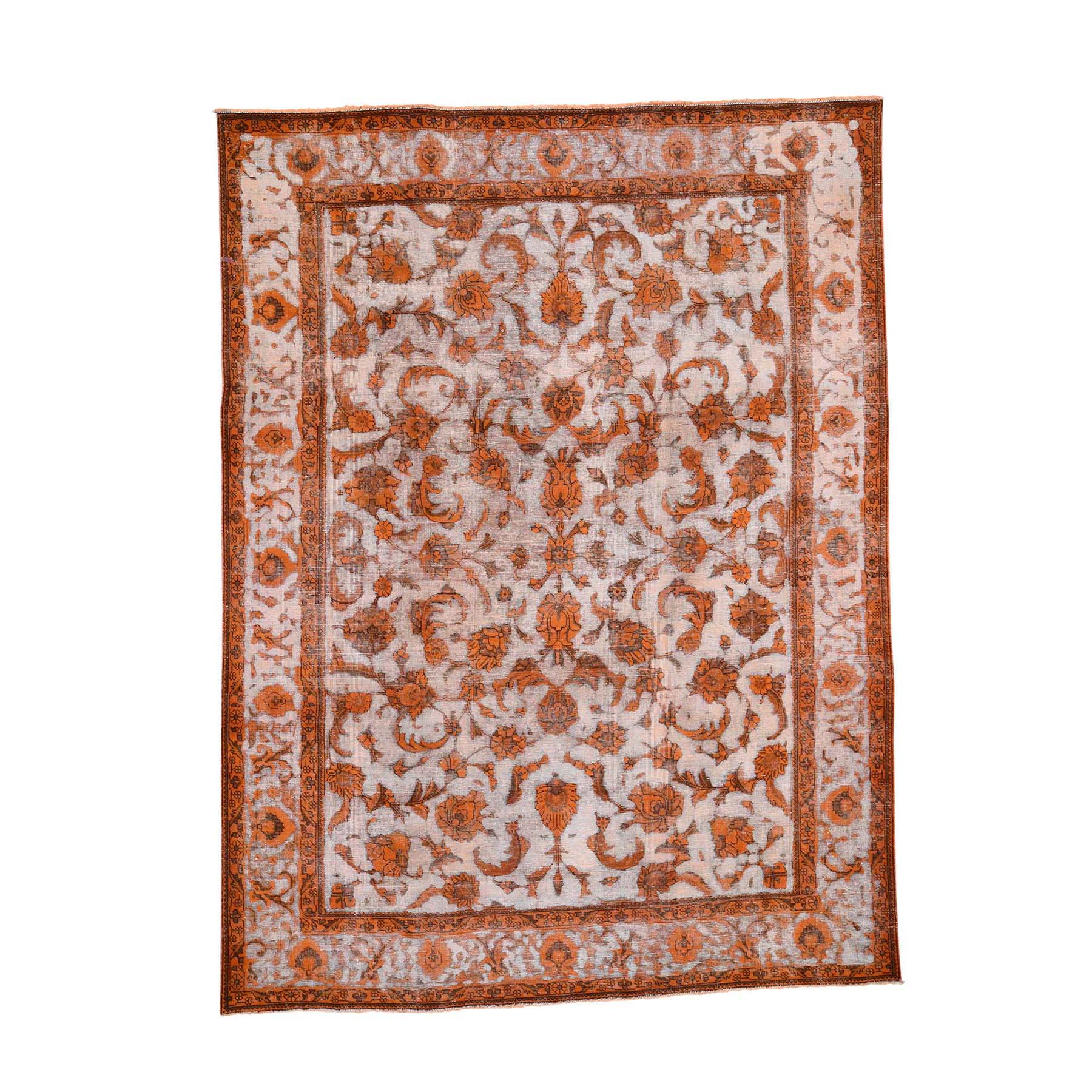 8'1"x10'9" Orange Overdyed Persian Tabriz Barjasta Vintage Hand Woven Oriental Rug 