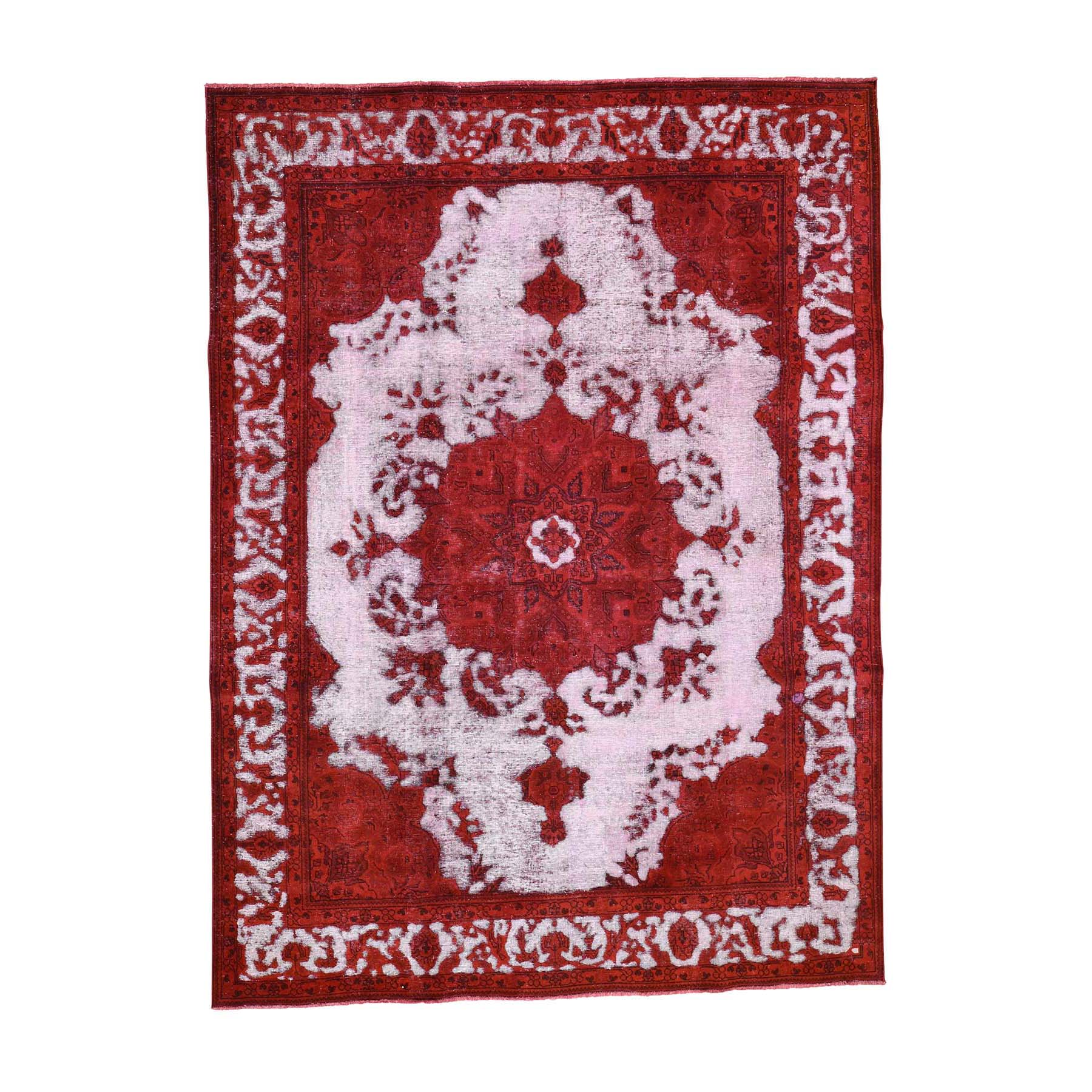 8'1"x11' Red Overdyed Persian Tabriz Hi-low Vintage Pure Wool Hand Woven Oriental Rug 